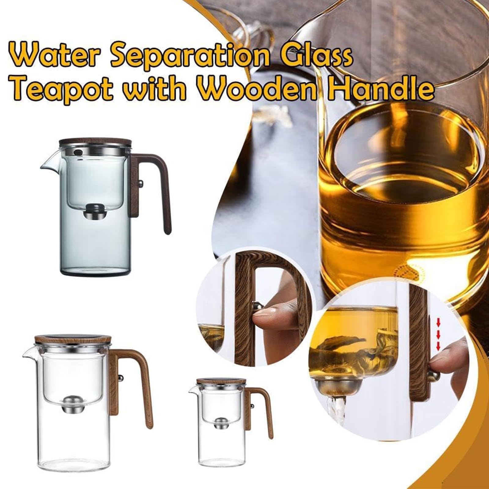 Hexerei-Teekanne, verzauberte Teekanne mit Drucksteuerung, magische Teekanne mit Sieb, 2-in-1-magische Teekanne for losen Tee, Hexenglas-Teekanne, magische Teekanne aus Glas mit Holzgriff(520ml: 15.5*