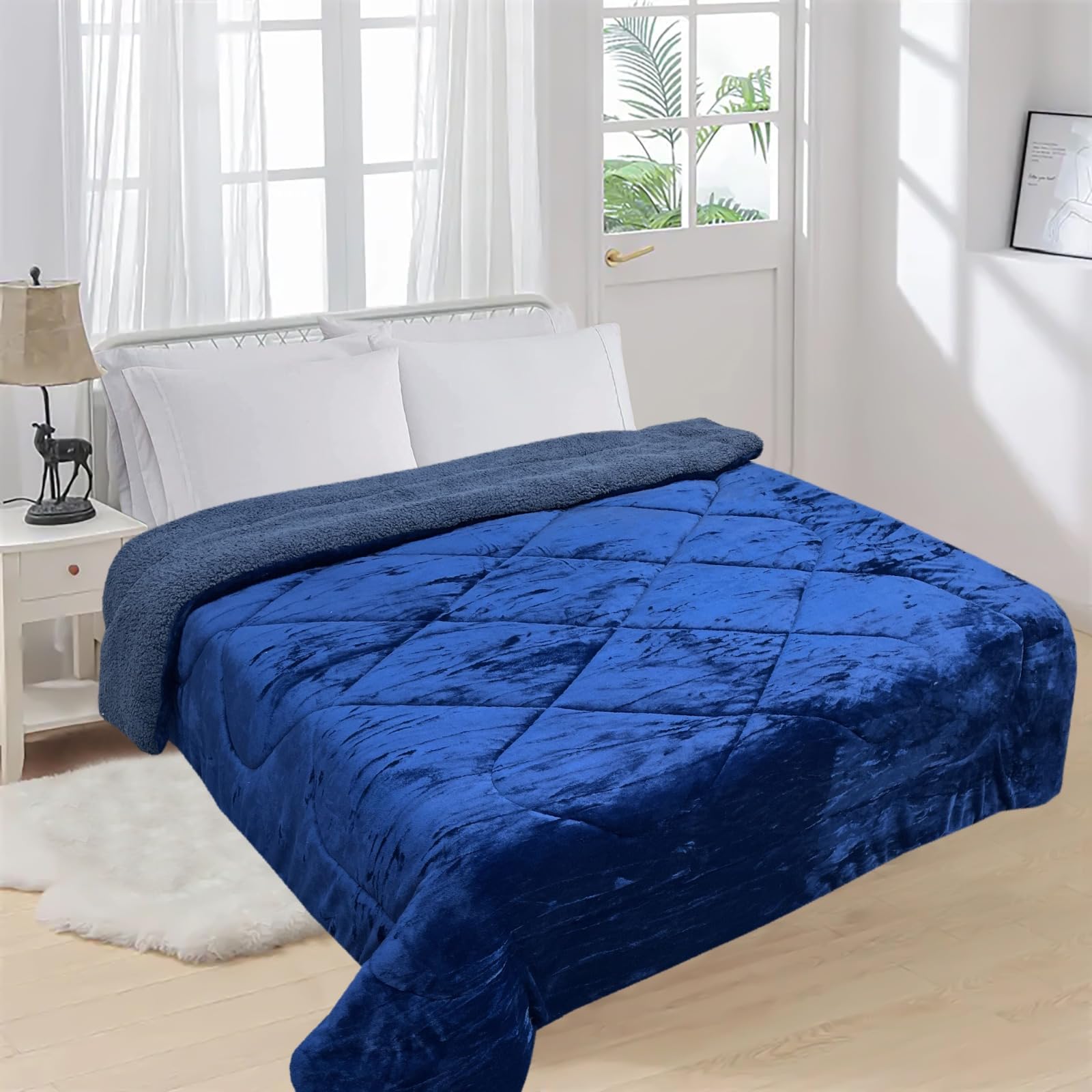 800 GSM Sherpa Double Bed Embossed Quilt Blanket for Heavy Winter, Perfect Heavy Winter Razai Quilt (Blue)-image-43