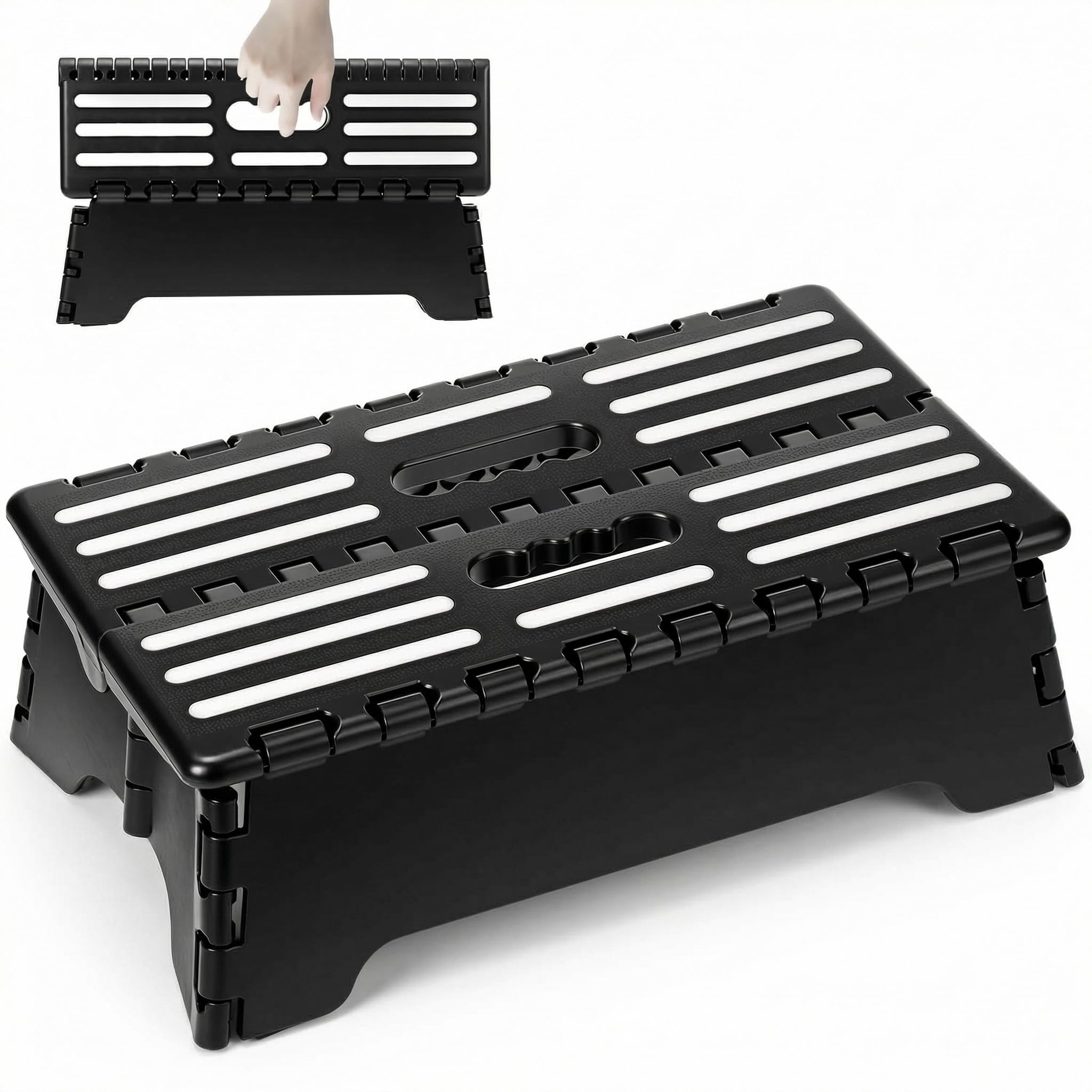 QWORK® Portable Folding Step Stool, Skid-Resistant Lightweight Stepstool for Bathroom, Kitchen, SUVs & RVs, Black,38 * 22 * 13cm