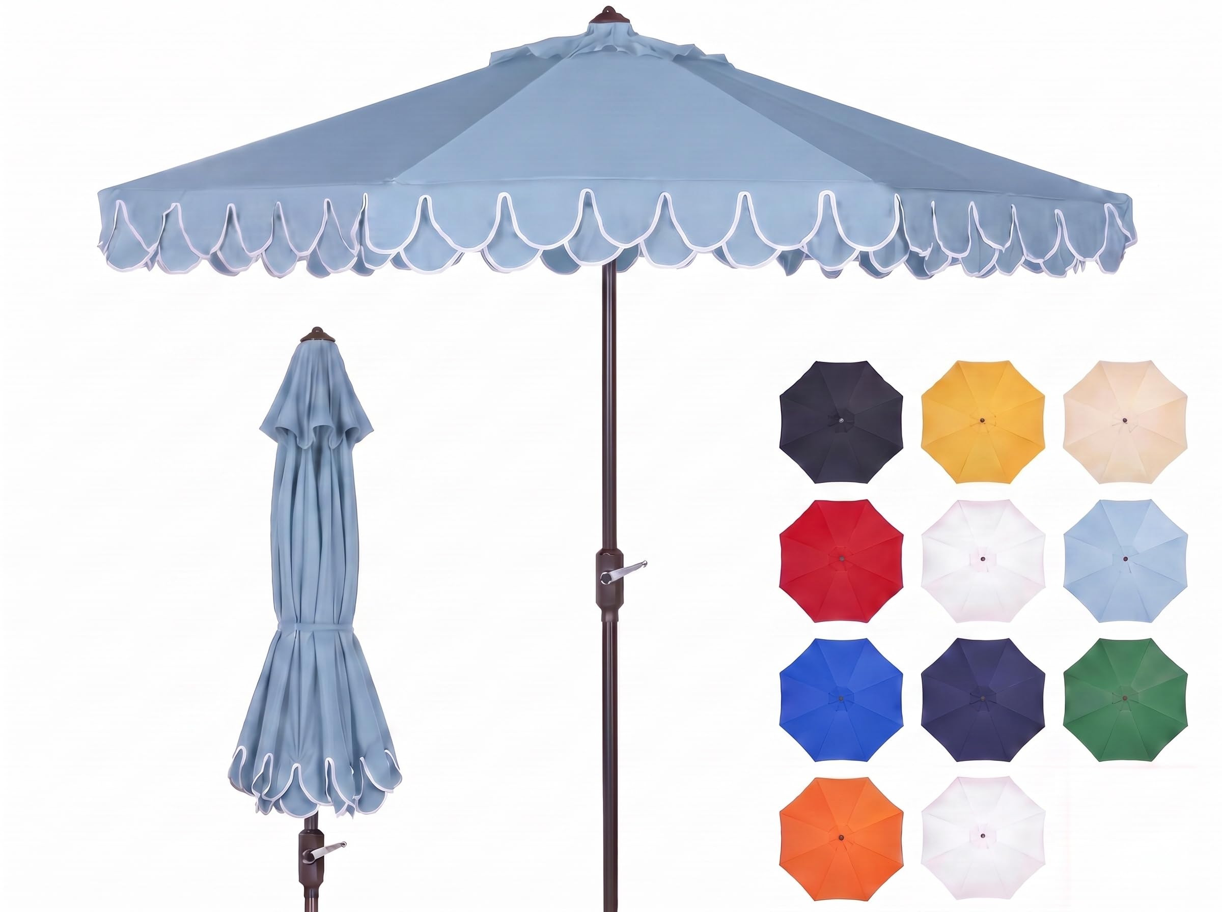 SAFAVIEH Outdoor - Valance 9-Foot Crank Patio Umbrella - Baby Blue & White Canopy - Brown Aluminum Pole - Decorative Petal Valance Trim