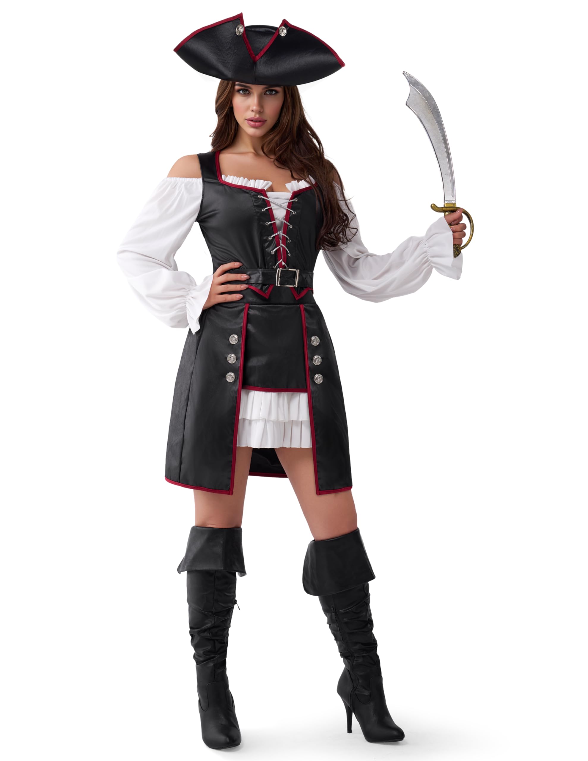 Spooktacular Creations Déguisement de pirate d'Halloween pour femme, tenue de pirate Renaissance avec chapeau et ceinture pour soirées cosplay à thème