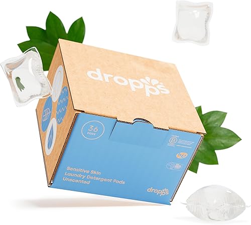 Dropps Cápsulas de detergente para ropa de piel sensible sin perfume, 36 unidades, compatible con HE + todas las lavadoras, lavado en frío + todas