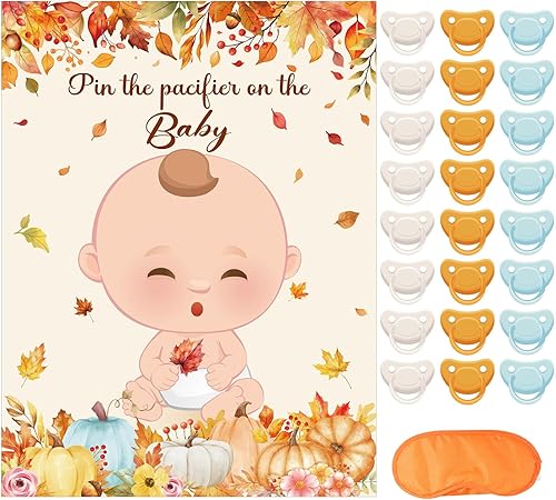 Miniatura 26 de Faccito Juego pon el chupón para baby shower Decoraciones para fiesta de baby shower Incluye póster grande 24 pegatinas de chupete Juego con venda