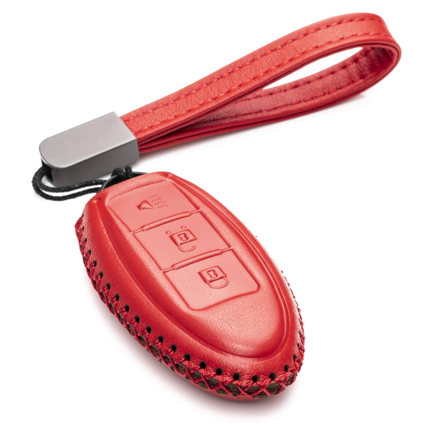 Vitodeco Leather Keyless Entry Remote Control Smart Key Case Cover with a Key Chain for Nissan & Infiniti (3 Buttons, Red)
