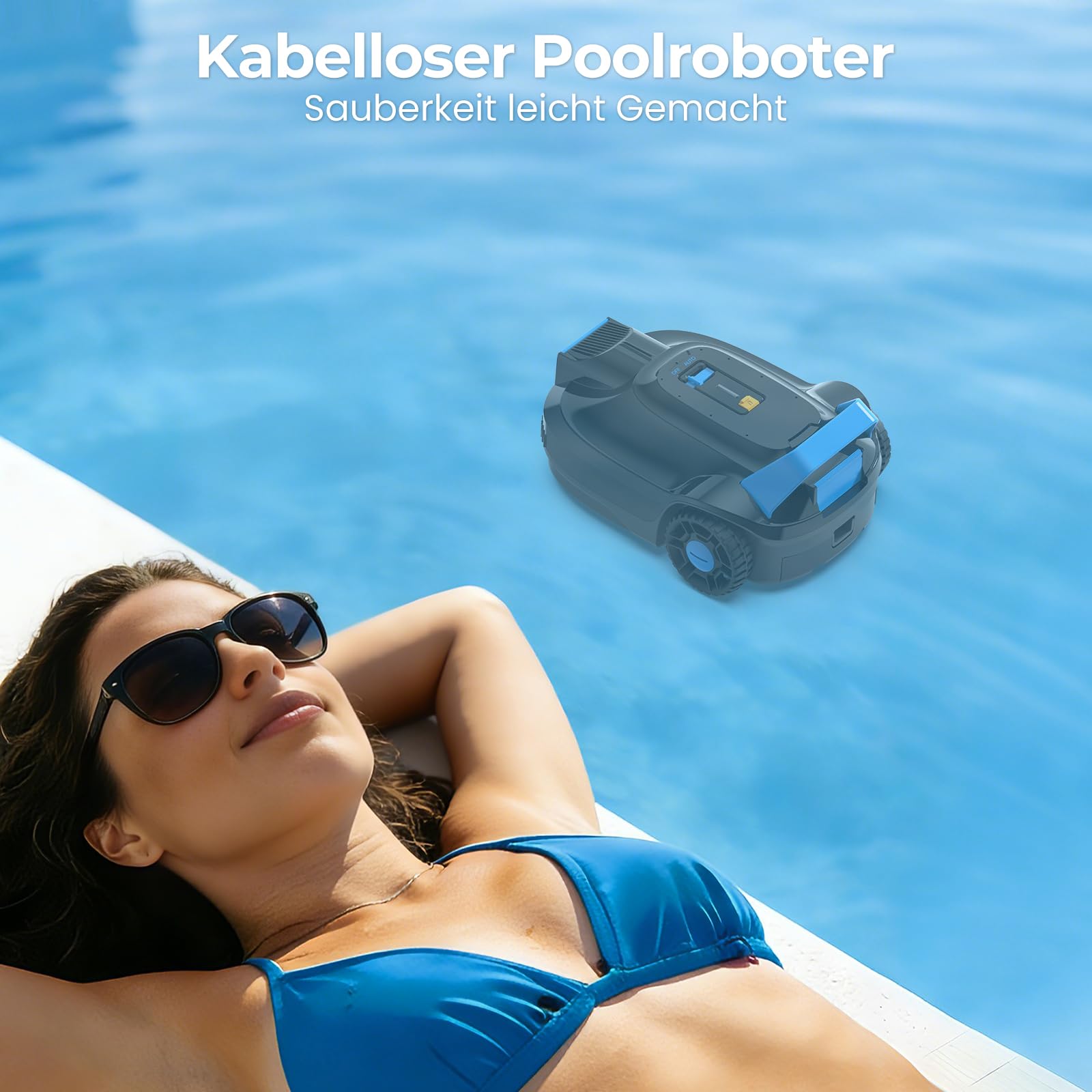 Poolroboter, Kabelloser Poolsauger Akku 5000 mAh, 120 Minuten Reinigungszeit, Automatische Reinigung mit Selbsteinparkfunktion, 6057 LPH Leistungsstarker Poolsauger für Pools 80 m², PC01
