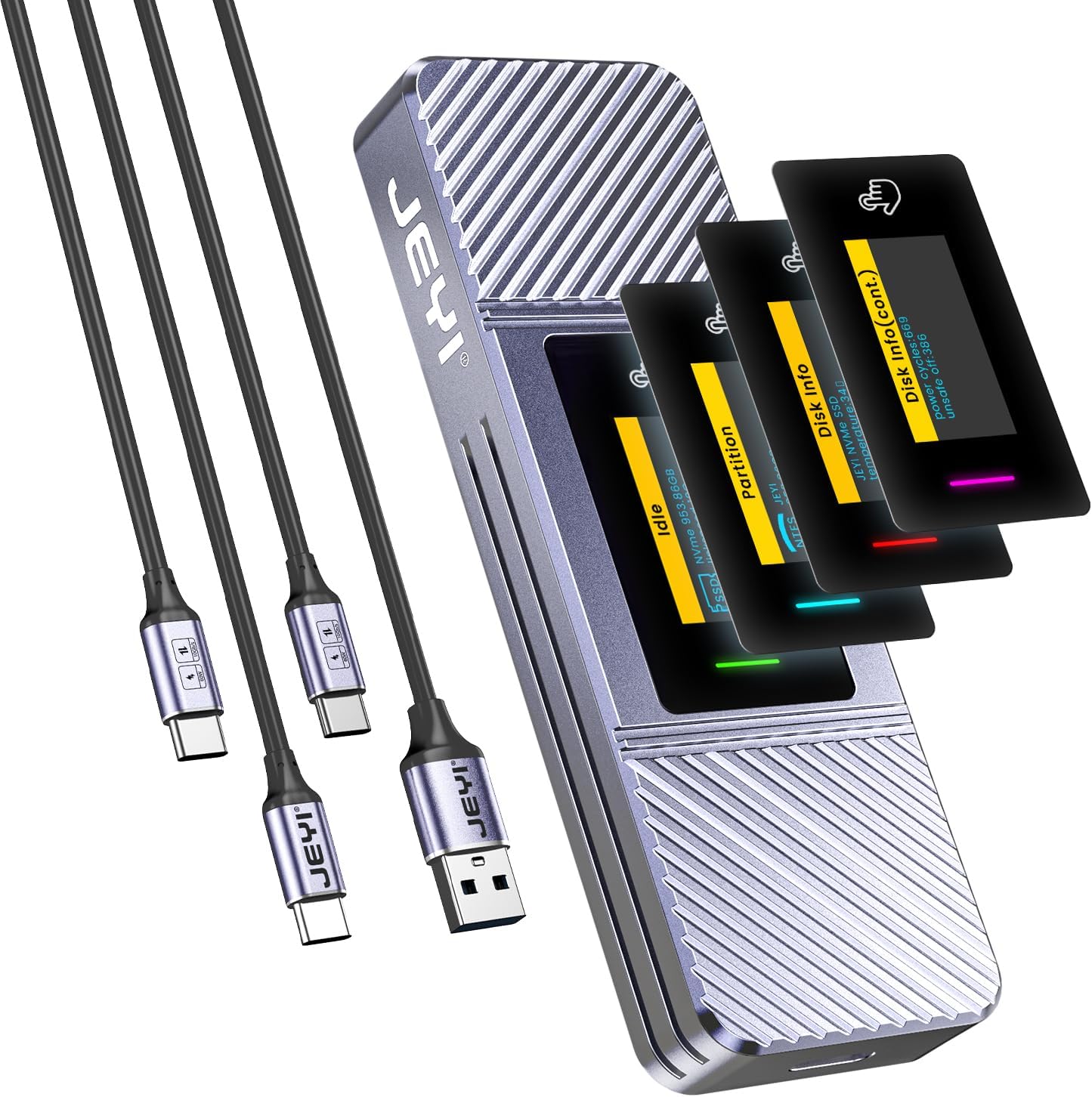 JEYI Visual Smart M.2 Enclosure with Touchscreen and RGB, USB 3.2 Gen 2 10Gbps, Compatible with 2280 NVMe/ PCIe and NGFF/ SATA SSD, External Enclosure Support UASP Trim i9X-Zebra