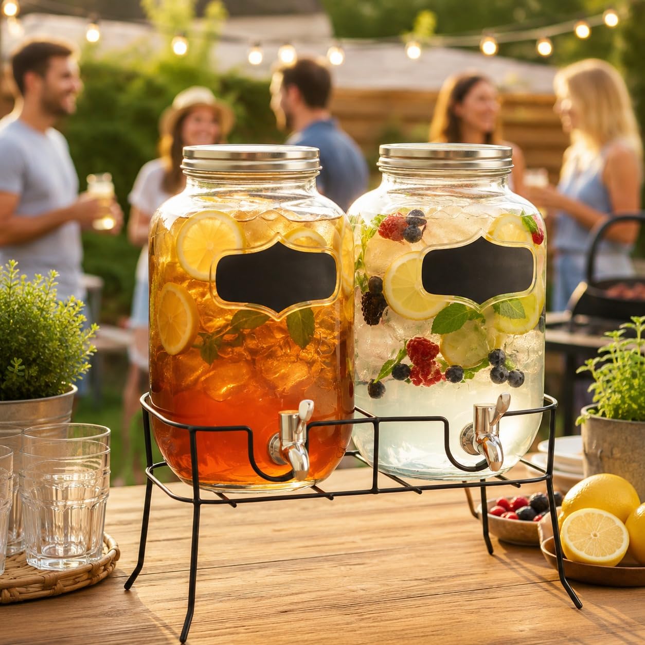 Set 2 Dispenser Bevande in Vetro da 4L con Rubinetto e Supporto in Metallo, Capacità Totale 8L, Fontana per Bevande con Etichette Scrivibili, per Acqua, Limonata, Succhi, Cocktail e Feste