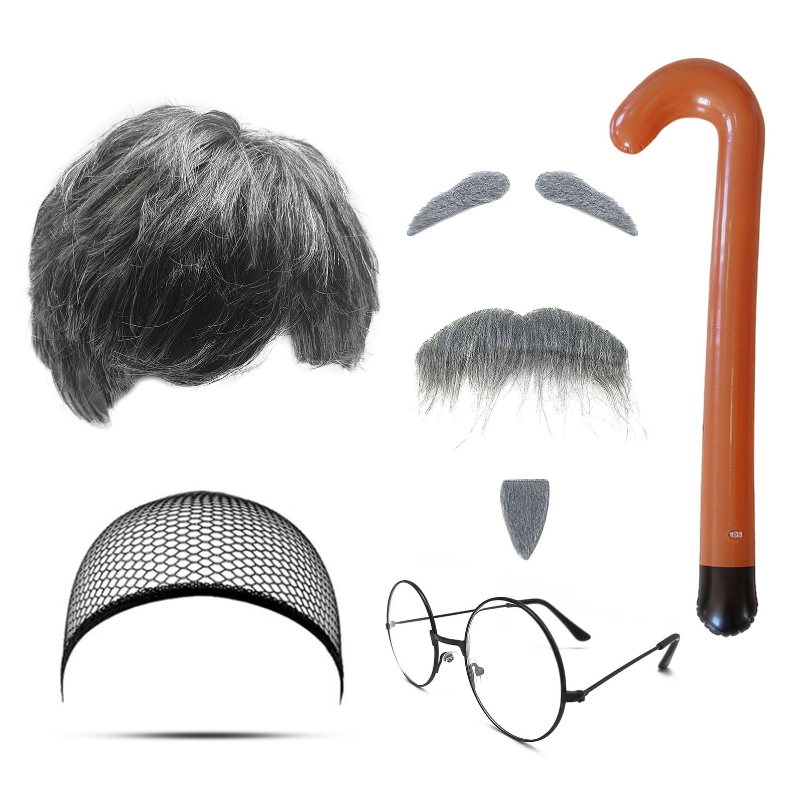 MIVAIUN 8 Pcs Fancy Dress Grandpa Set, Old Man Wig, Grey Fake Beard, Eyebrows, Cap, Glasses, Inflatable Walking Stick