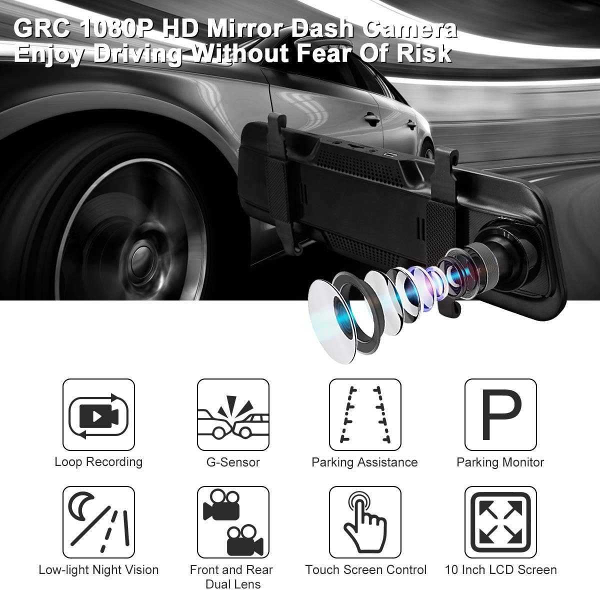 Buy 2 get 3 Backup Camera, 10Inch 1080P HD Mirror Dash Camera, Rear View Front and Rear Dual Lens with Loop Record, G-Sensor, 1080P Waterproof Reversing Assistance Camera, Parking Monitor, Night Vision [GRC]