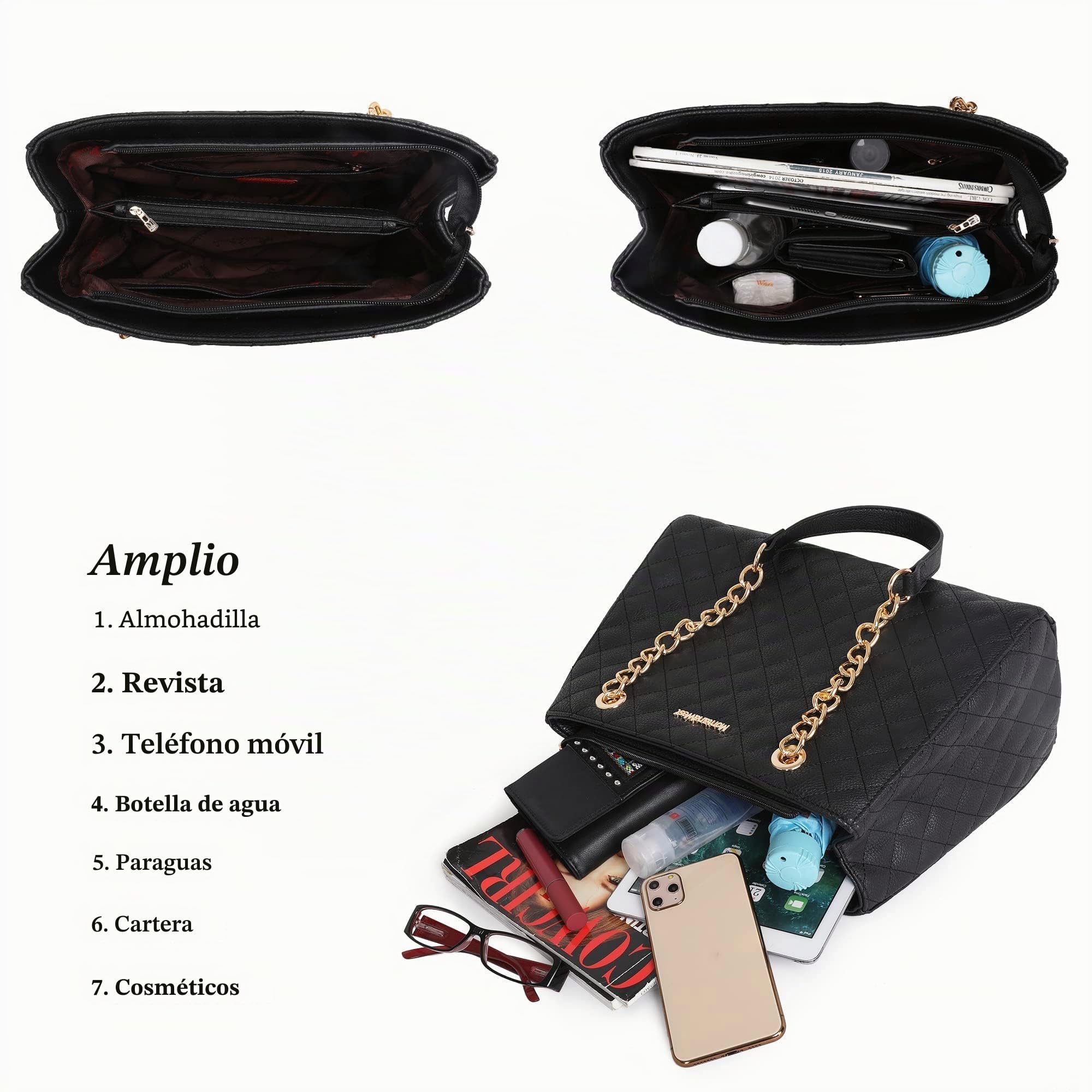 Montana West - Bolso estilo tote mediano para mujer, acolchado, con cadena, bolso de hombro