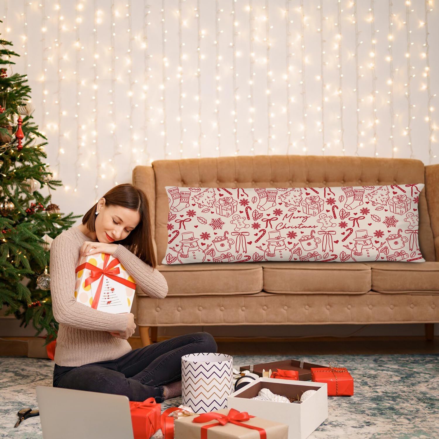 KEUSPI Red and White Boho Christmas Body Pillow Cover 20x54, Preppy Coquette Christmas Decor, Red Xmas Tree Snowman Winter Holiday Decorative Long Hug Pillow Covers for Couch Bed