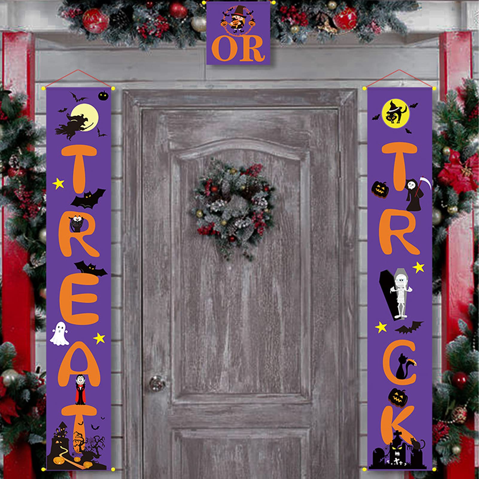 Muiltvoe Trick or Treat Porch Signs 3 Pieces Halloween Banner Welcome Trick-or-treaters Door Couplet for Doorway Yard Outside,25 x 150 cm