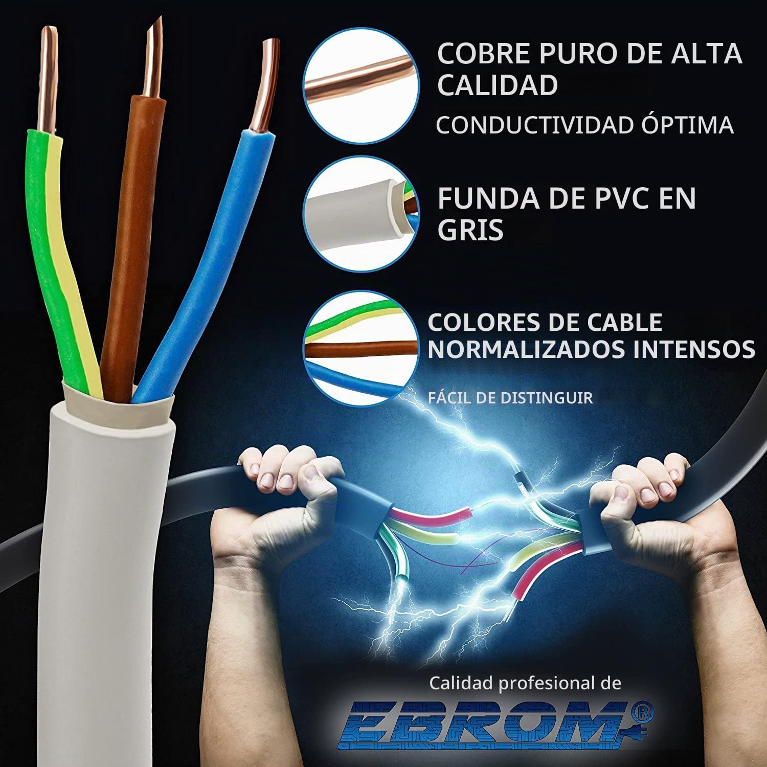 EBROM NYM-J 3 x 2,5 mm² – Cable de instalación – Cable de instalación – Cable para ambientes húmedos – Gris – Selección en incrementos de 1 metro – Se vende por metros exactamente – Su selección
