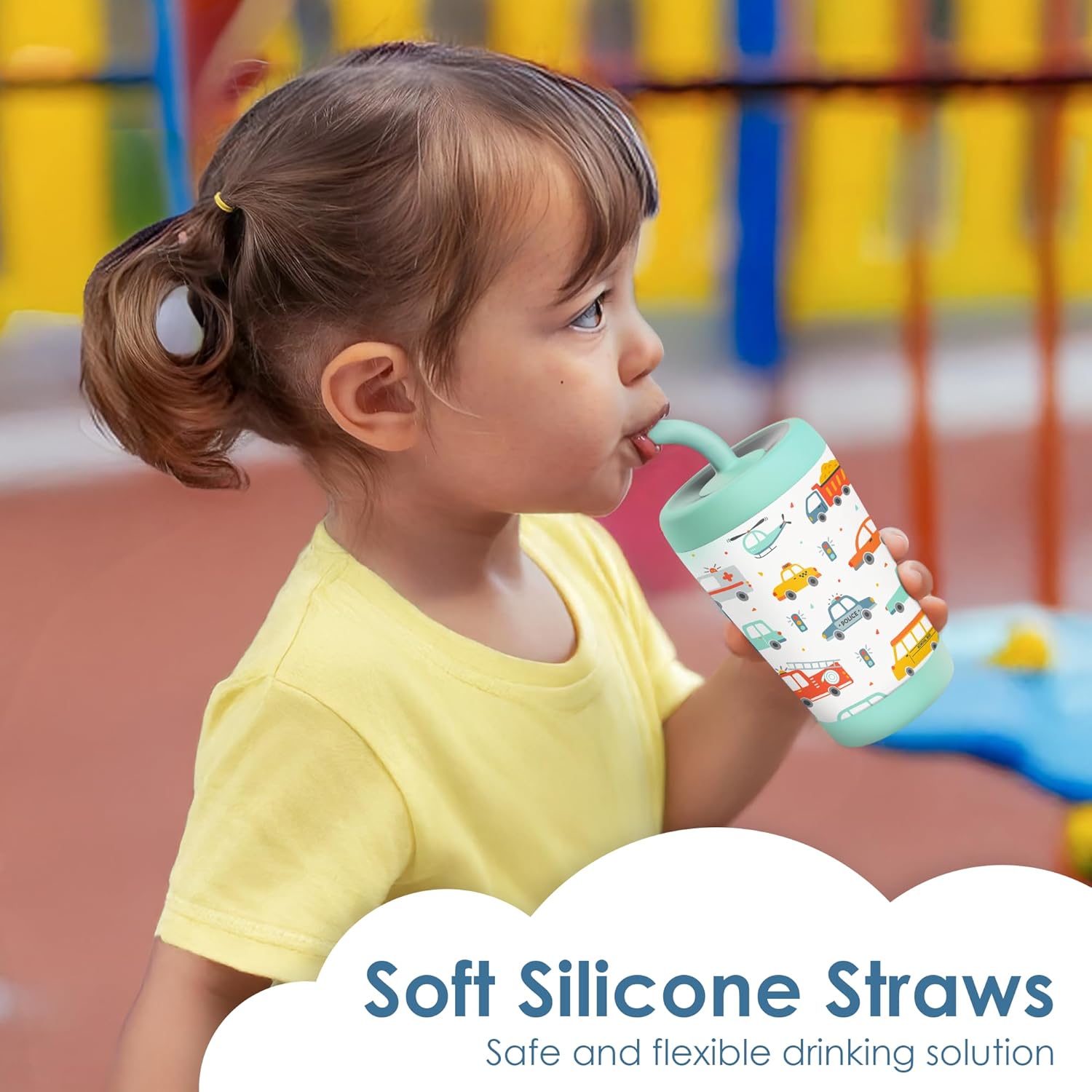 Kid Insulated Stainless Steel Tumbler with Silicone Straw, 12oz Sippy Cup for Kids (Transportation) - Image 5