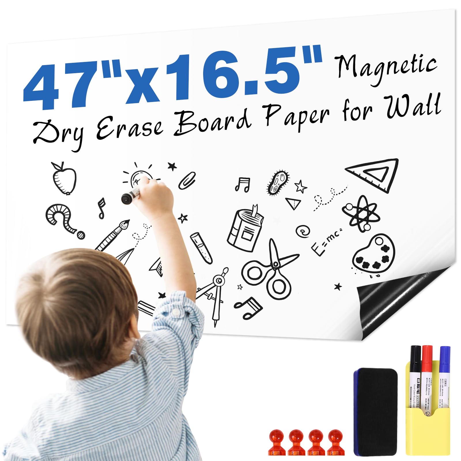 Magnetic White Board Sticker Adhesive 47"x16.5" Dry Magnetic Erase Board Paper for Wall Sticker Refrigerator Whiteboard Sheet for Teacher Supplies