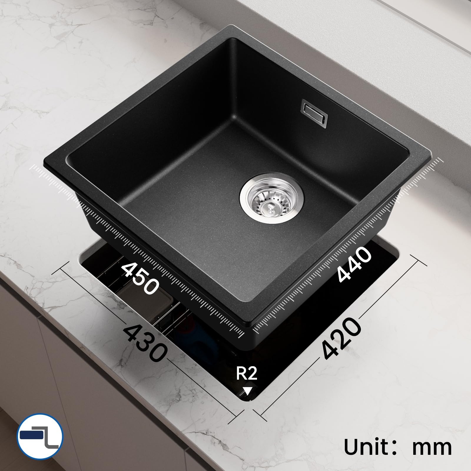 Auralum Lavandino Cucina 45 x 44 cm, Lavello Cucina 1 Vasca, Lavabo Nero in Granito con Sifone Classico e troppopieno, Adatto a Mobili Oltre 45cm