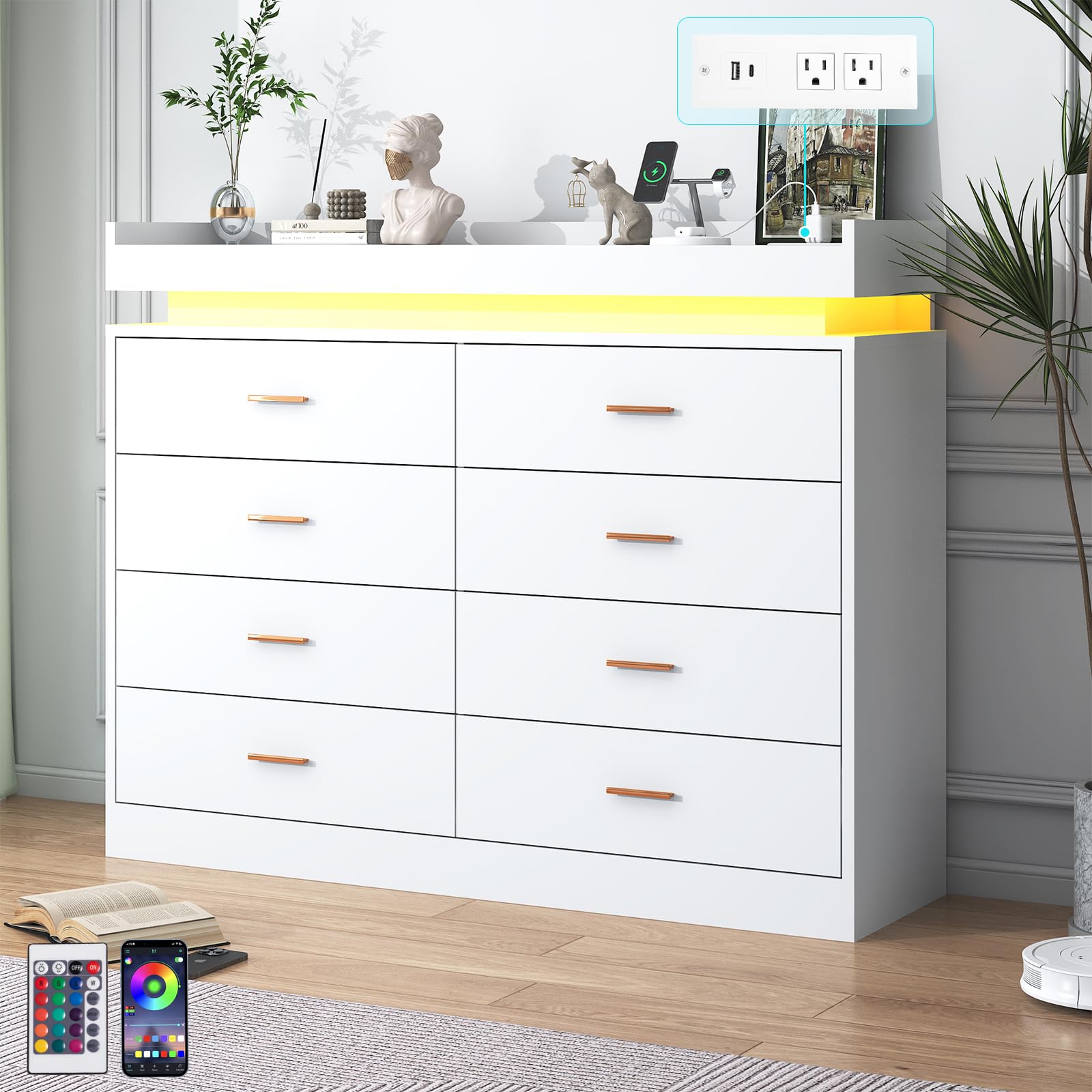 jiteentarou 8 Drawer Dresser with Charging Station and LED Lights