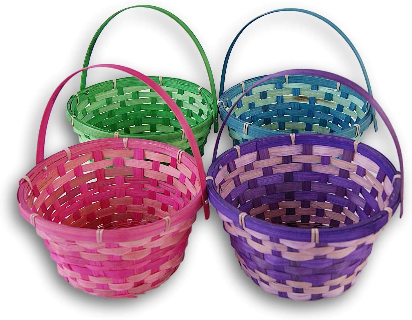 Easter Baskets with Hinged Handle Round Woven Bamboo (Purple, Pink, Green, Blue