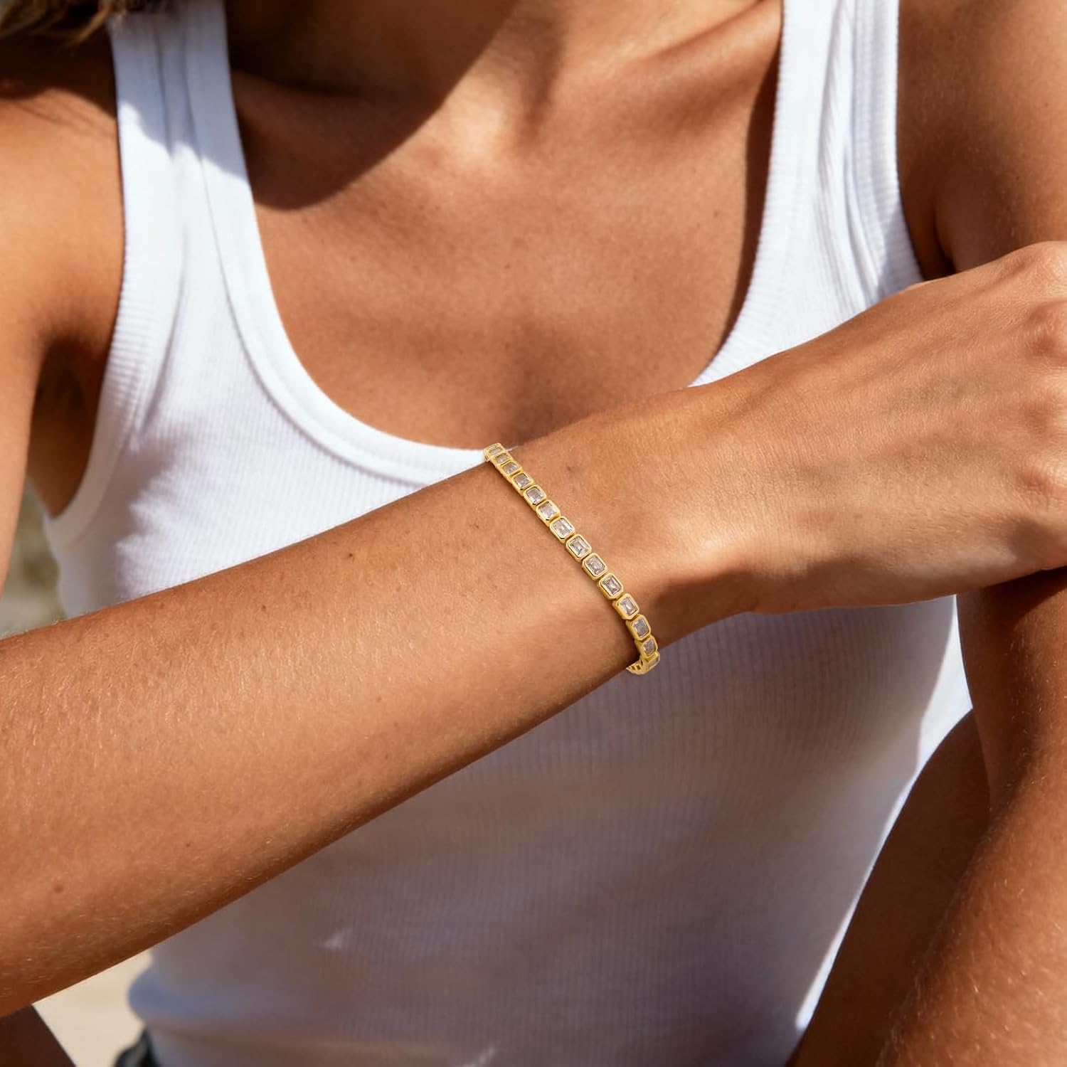 14K Gold Filled Tennis Bracelet for Women, Cubic Zirconia Bezel Tennis Bracelet - Dainty Gold Bracelet for Women, Ideal Christmas Bracelet, Bridesmaid Bracelet & Gifts for Women Birthday