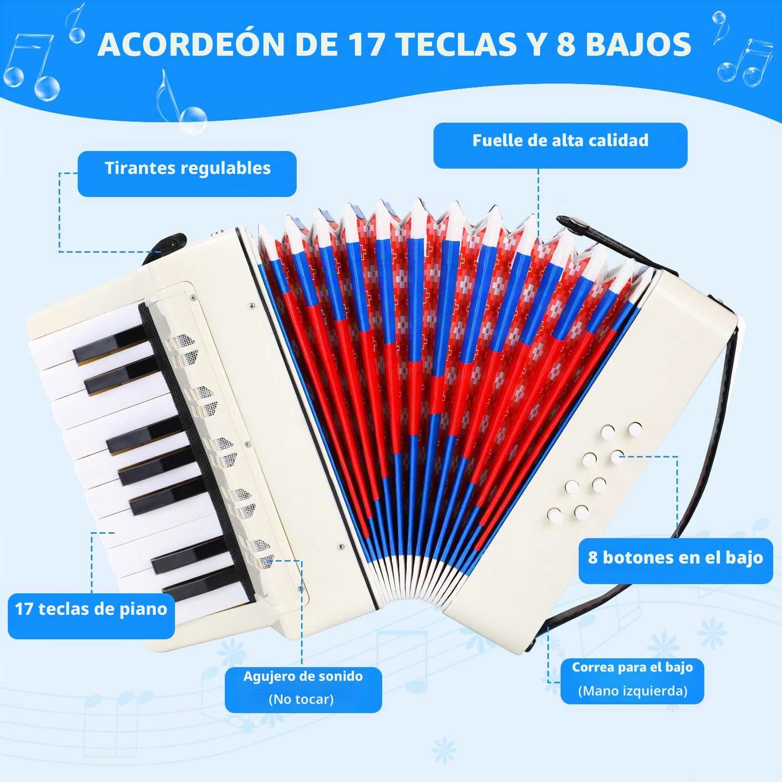 Acordeón Infantil,17 Teclas 8 Bajos Acordeón de Piano,Concertina Instrumentos Musical para niños con Correas Ajustables,Acordeón Juguete Instrumento Musical Adultos y Niños de más de 3 años (Blanco)