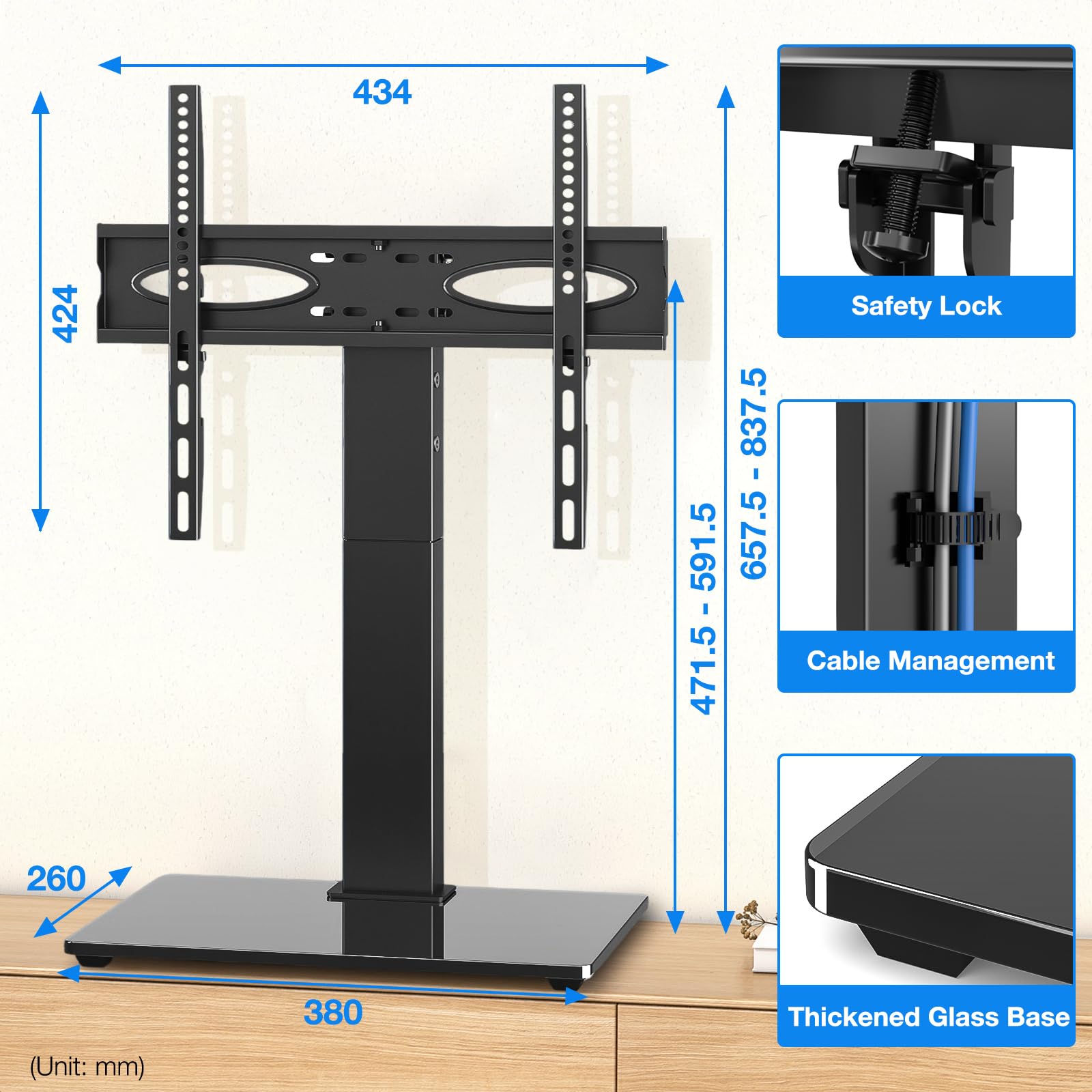 Soporte de Mesa para TV 5Rcom para TVs 32-70 Pulgadas, Carga 40KG, Base de Cristal Templado Altura Ajustable, Soporte Universal para Salón/Dormitorio, VESA Máx 400x400mm