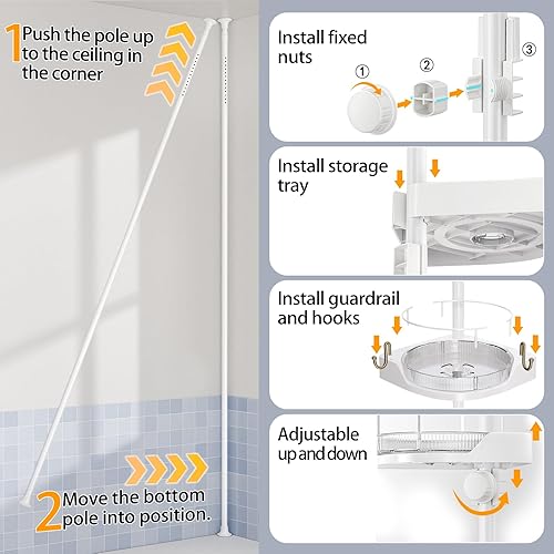 Miniatura 7 de Organizador de barra de tensión de esquina giratoria de 360, poste de metal ajustable a prueba de óxido de 4 niveles, estantes de plástico con