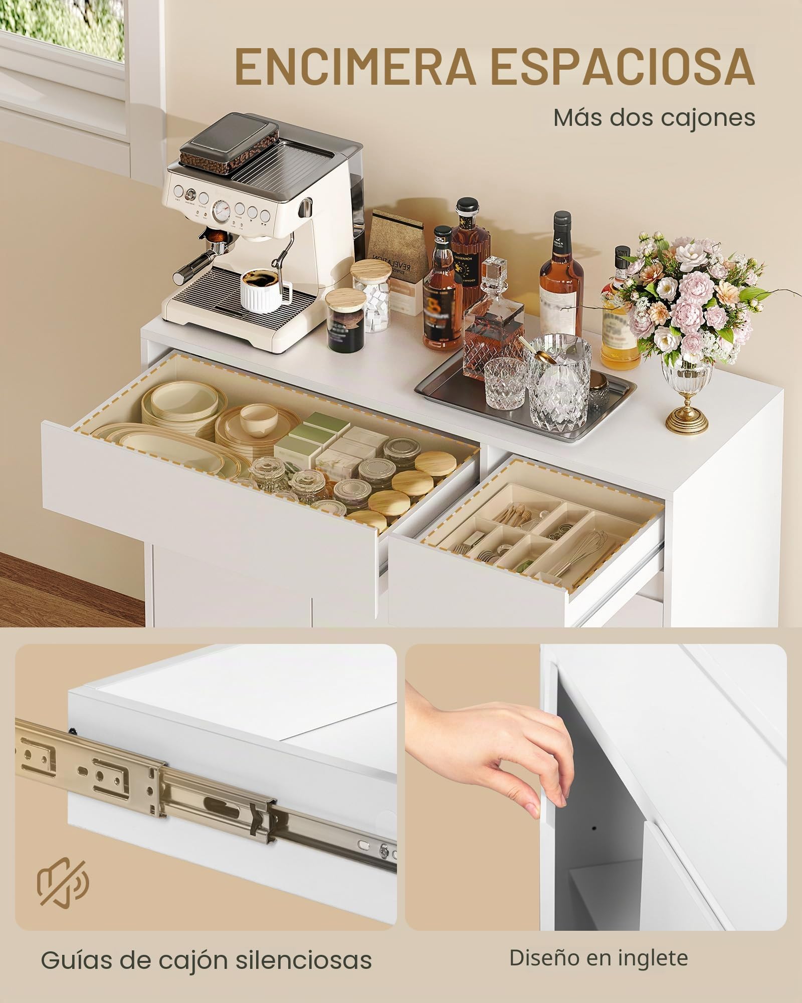 Hzuaneri Aparador, Armario de Almacenamiento, Aparador Cocina con con 2 Cajones y 3 Puertas, Estantes Ajustables, Estilo Moderno, 33 x 100 x 81,5 cm, para Cocina, Salón, Blanco SC32003X