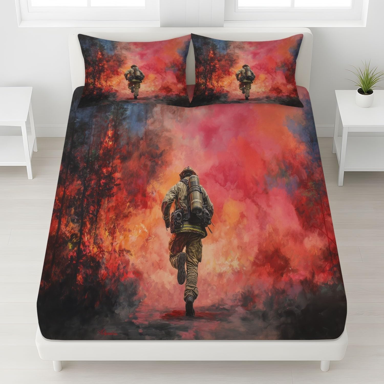 Firefighter Small Double Fitted Sheet Flames Bed Sheets Deep Pocket 12 inch (30 cm) Soft Cozy 3 Piece Microfibre Bed Sheet 120x190 cm with 2 Pillowcases 50x75 cm