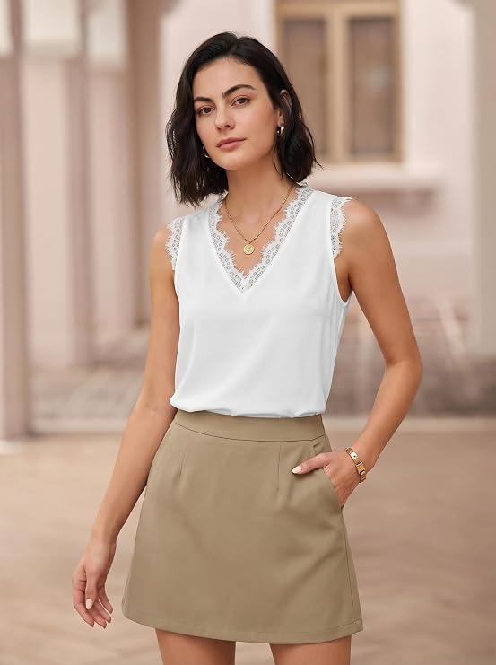 BLENCOT Women Lace Trim Tank Tops Summer V Neck Fashion Shirts