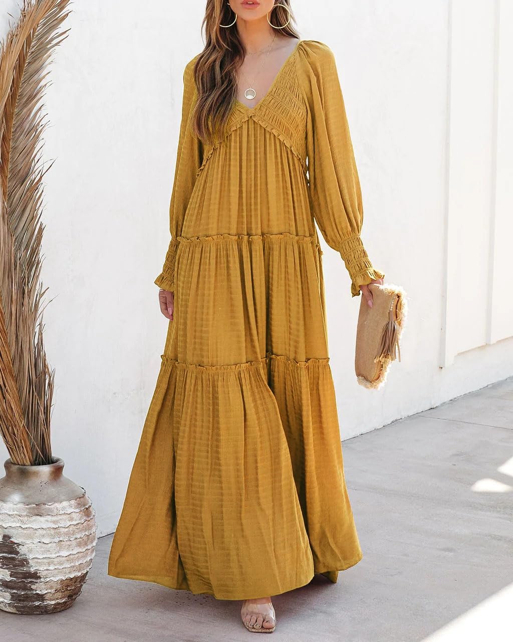 R.Vivimos Maxi Dress for Women Long Sleeve V Neck Empire Waist Layered Ruffle Boho Casual Flowy Long Dresses - Image 2