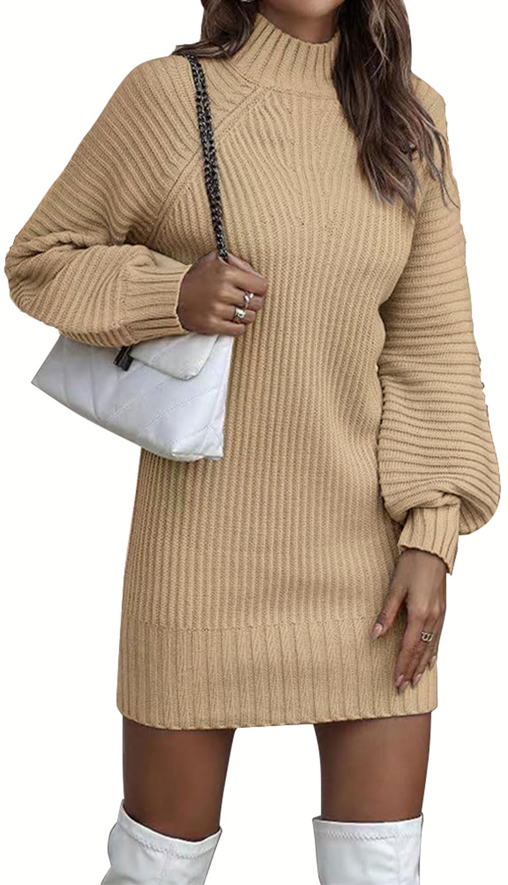 ELFIN Strickkleid Damen Rollkragen Langer Pullover Puff Ärmel Winter Pulloverkleid Freizeitkleid Langarm Strick Kleider Minikleid