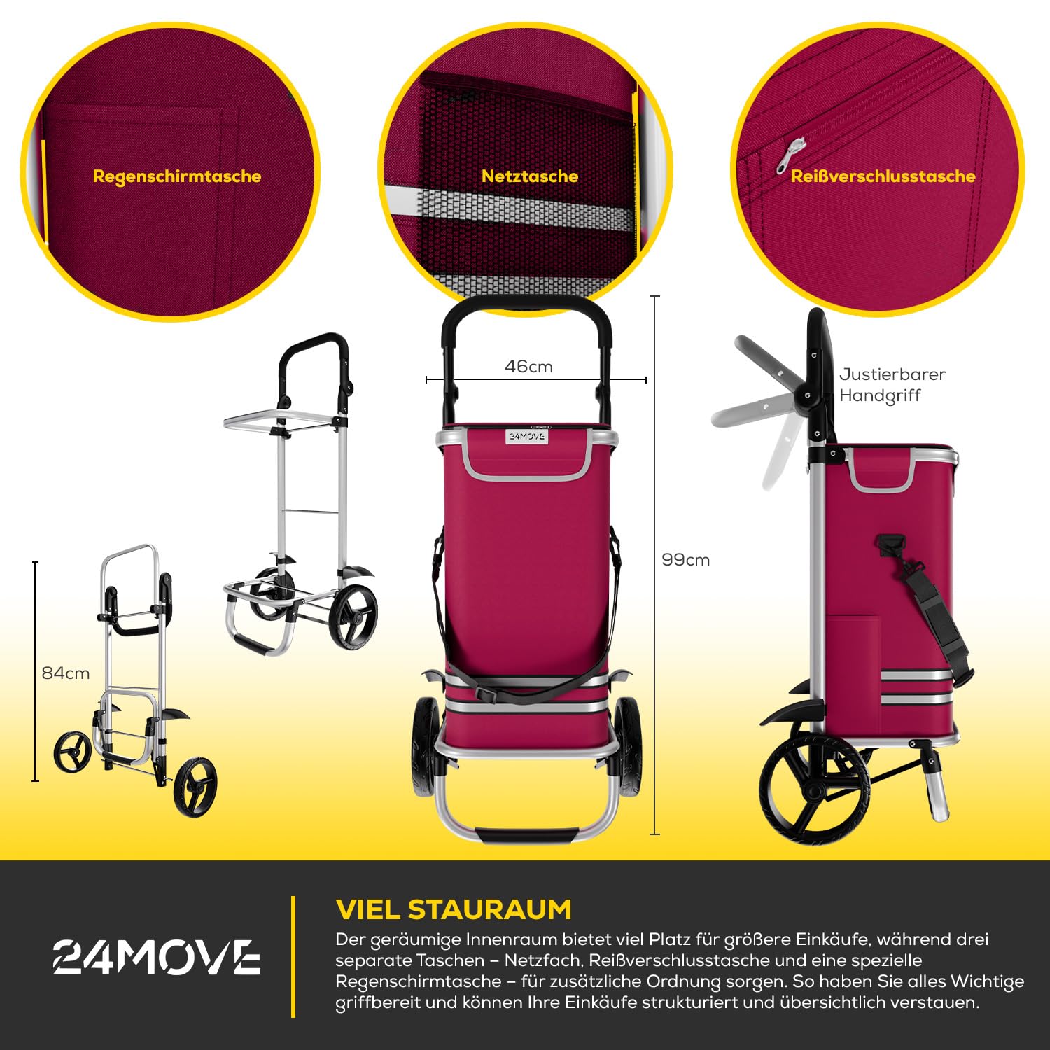 24MOVE® Einkaufstrolley Vehlo klappbar mit 55L inkl. Kühlfach, Faltbarer 3in1 Trolley - Sackkarre und Tasche, bis 30kg belastbar, rot