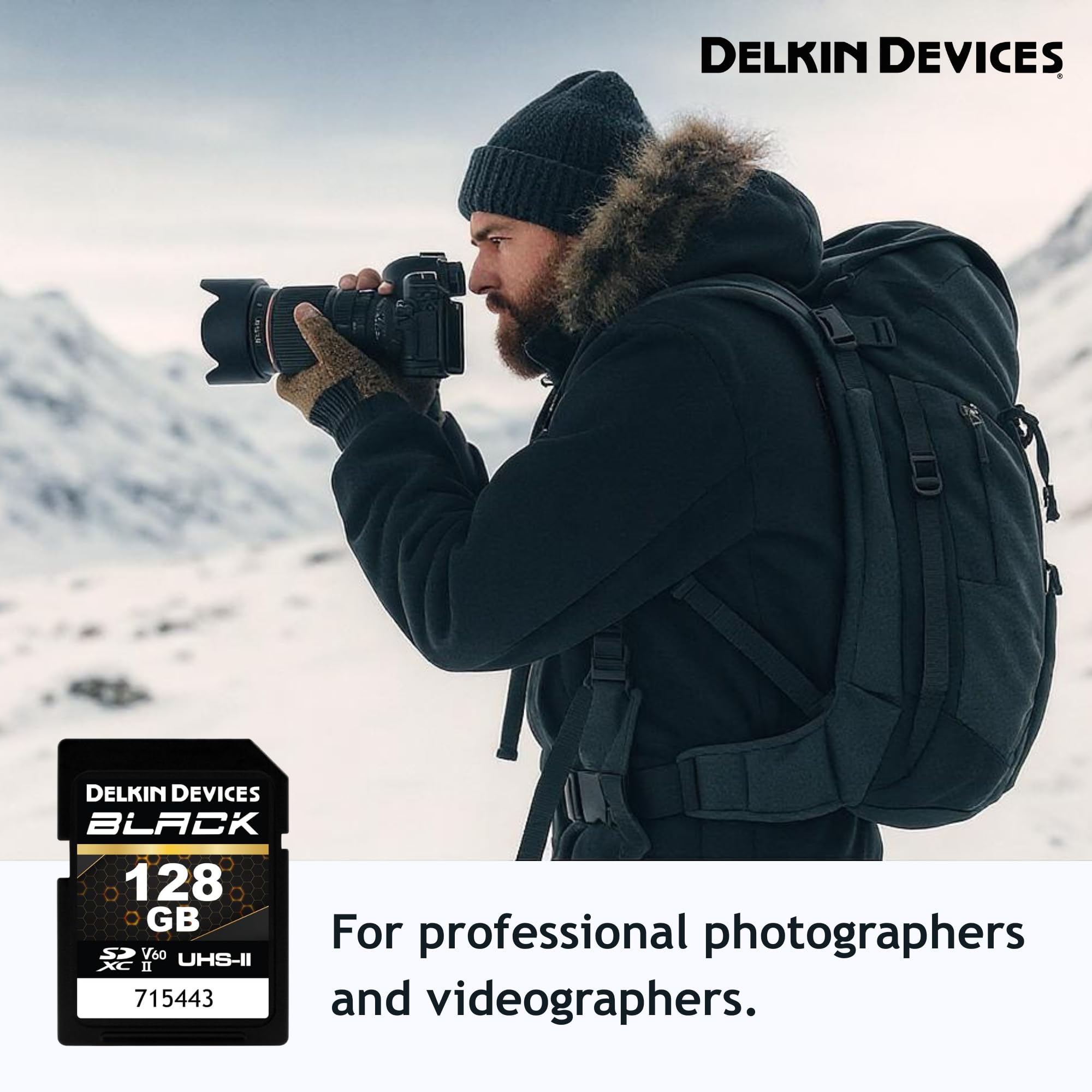 Delkin Devices Scheda di memoria SDXC resistente nera, UHS-II, C10, U3, V60, video Full HD e 8K, velocità fino a 290 MB/s in lettura, 190 MB/s in scrittura, ideale per fotografi e videografi (128 GB)