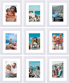 Vittanly 8x10 Picture Frames Set of 9, Shatter Resistant Plexiglass, Display 5x7 Pictures with Mat or 8x10 without Mat, Photo Frames for Wall or Tabletop, Engineered Wood, White