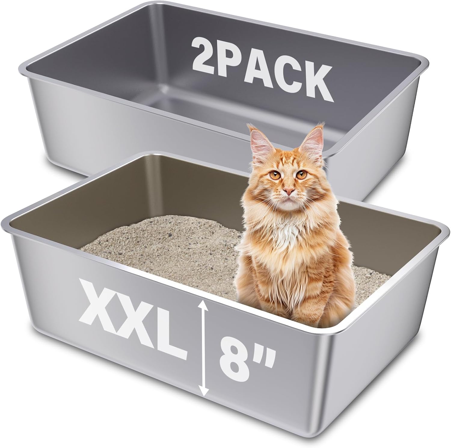 2 Pack Stainless Steel Cat Litter Box, 23.6"x15.8"x8" XXL Stainless Steel Litter Box 8 inch Deep, Extra Large Metal Litterbox for Big Cats, Non Stick Easy Clean Surface, High Sided XXL-2 pack(23.6“x15.7"x8")