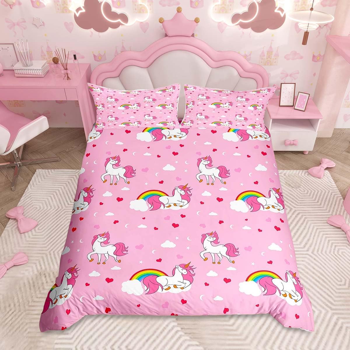 Homemissing Rainbow Unicorn Duvet Cover Set Double Size For Kids Boys Girls Teens Cute Animal Unicorn PinkBedding Set Love Heart Star Print Duvet Cover with 2 Pillowcases โ image 1