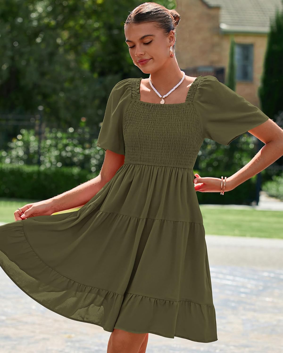 BTFBM Womens Summer Smocked Mini Dress Spring Square Neck Flutter Sleeve Casual Ruffle Swing Boho Beach Dresses Pockets - Image 5