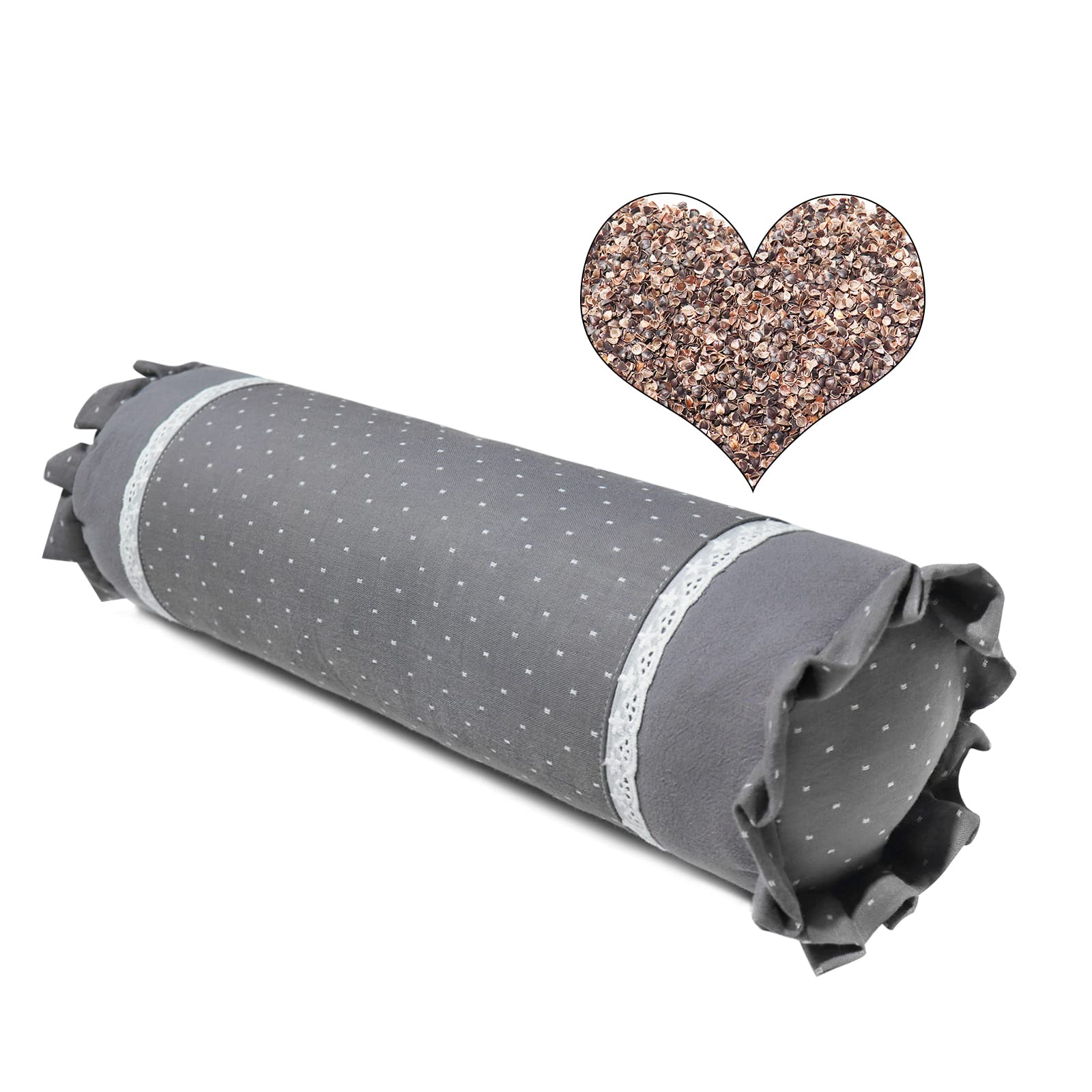 Cylinder gryczany, poduszka pod szyję, poduszka szyjna, wypełnienie łusek gryki, dla chłodnego snu, wsparcie szyi, dla osób śpiących na plecach i na boku, 40 x 10 cm, szara