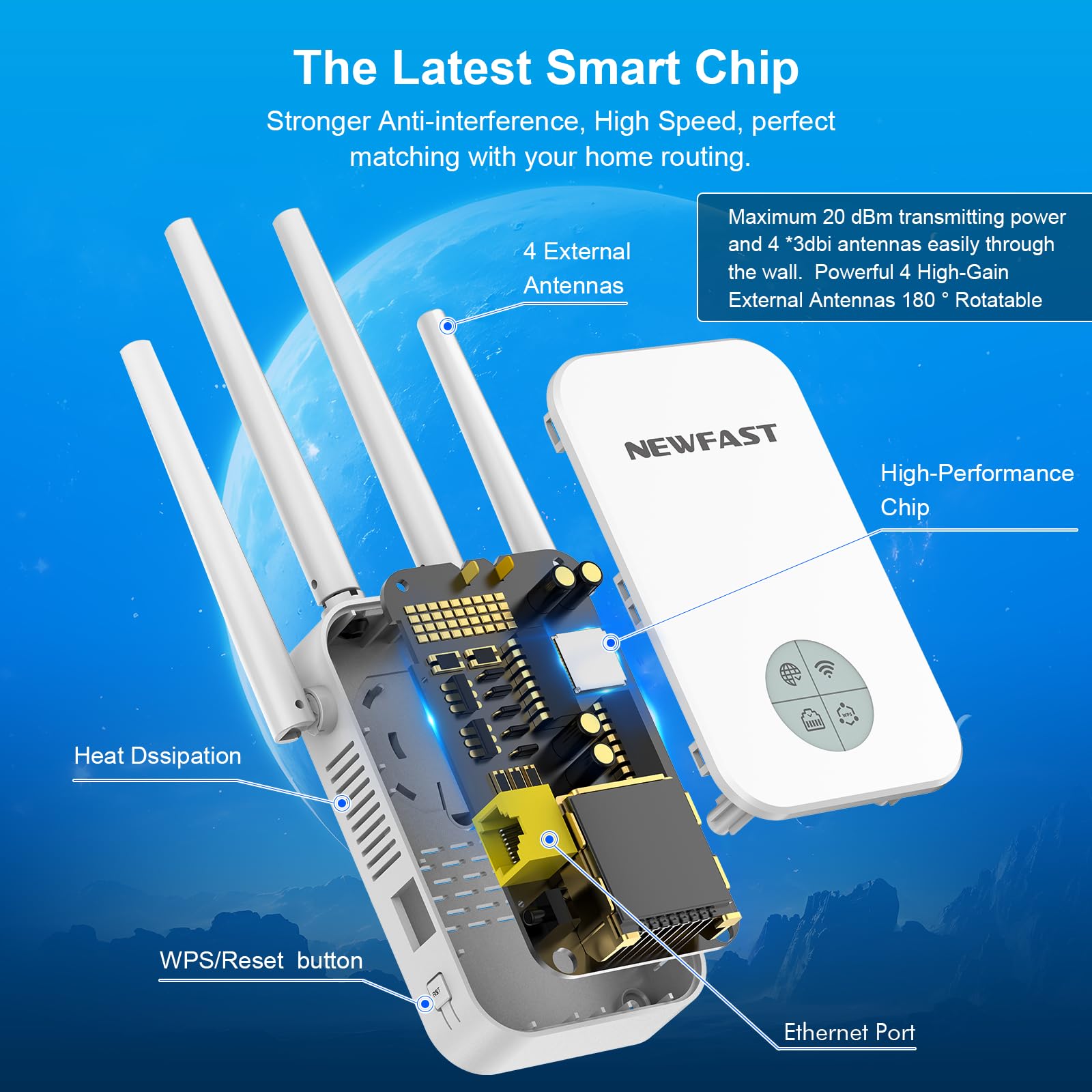 NEWFAST Repetidor WiFi Amplificador Señal WiFi 1200Mbps 5GHz Extensor Wi-Fi para Casa/Oficina, AC1200 Wi-Fi Extender Doble Banda 4X Antenas de Alta Ganancia, Puerto Ethernet, 5 Modos, WPA/WPA2
