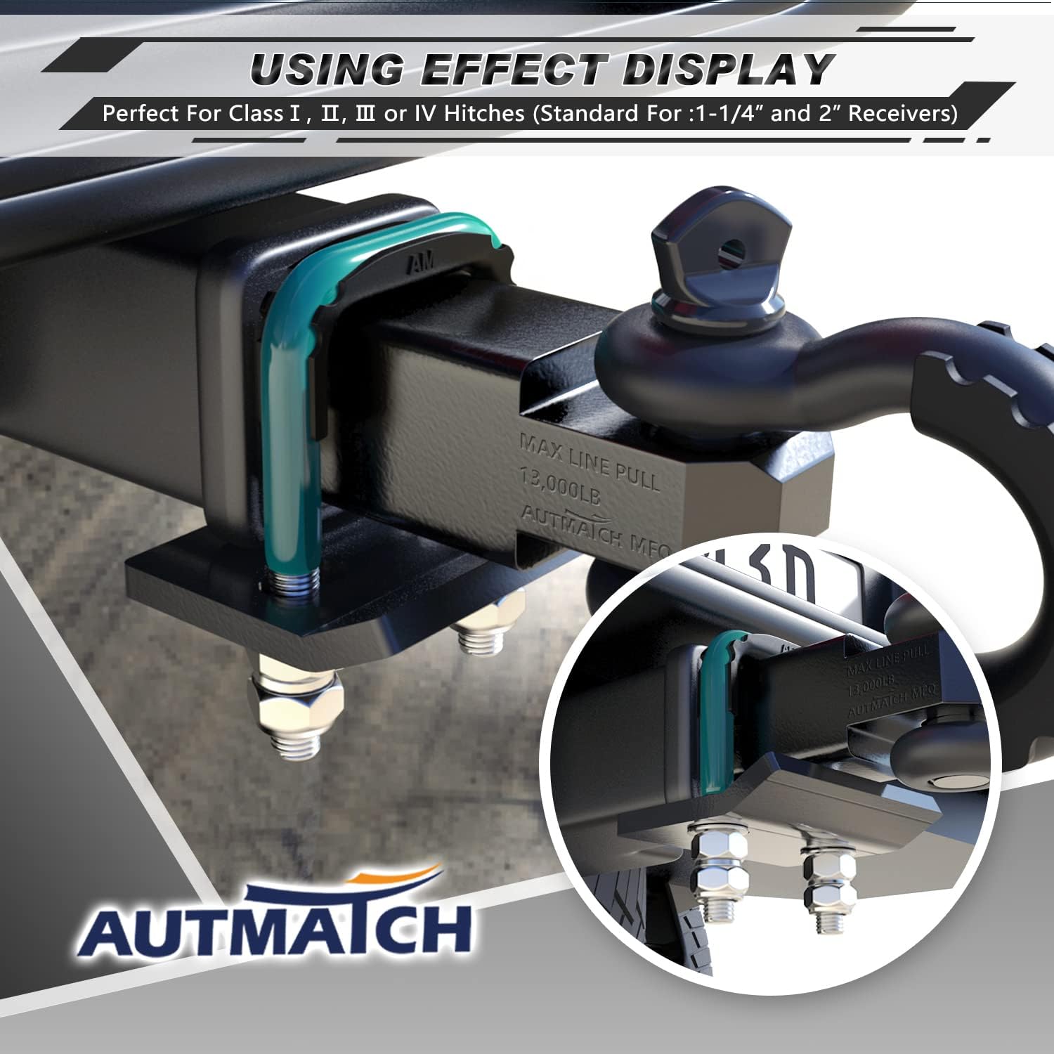 AUTMATCH 3/4" D Ring Shackle and Hitch Tightener Anti-Rattle Clamp with Rubber Isolator, Hitch Stabilizer for 1.25 and 2 inch Trailer Hitches Jeep Tow Strap Off Road Vehicle Recovery, Teal