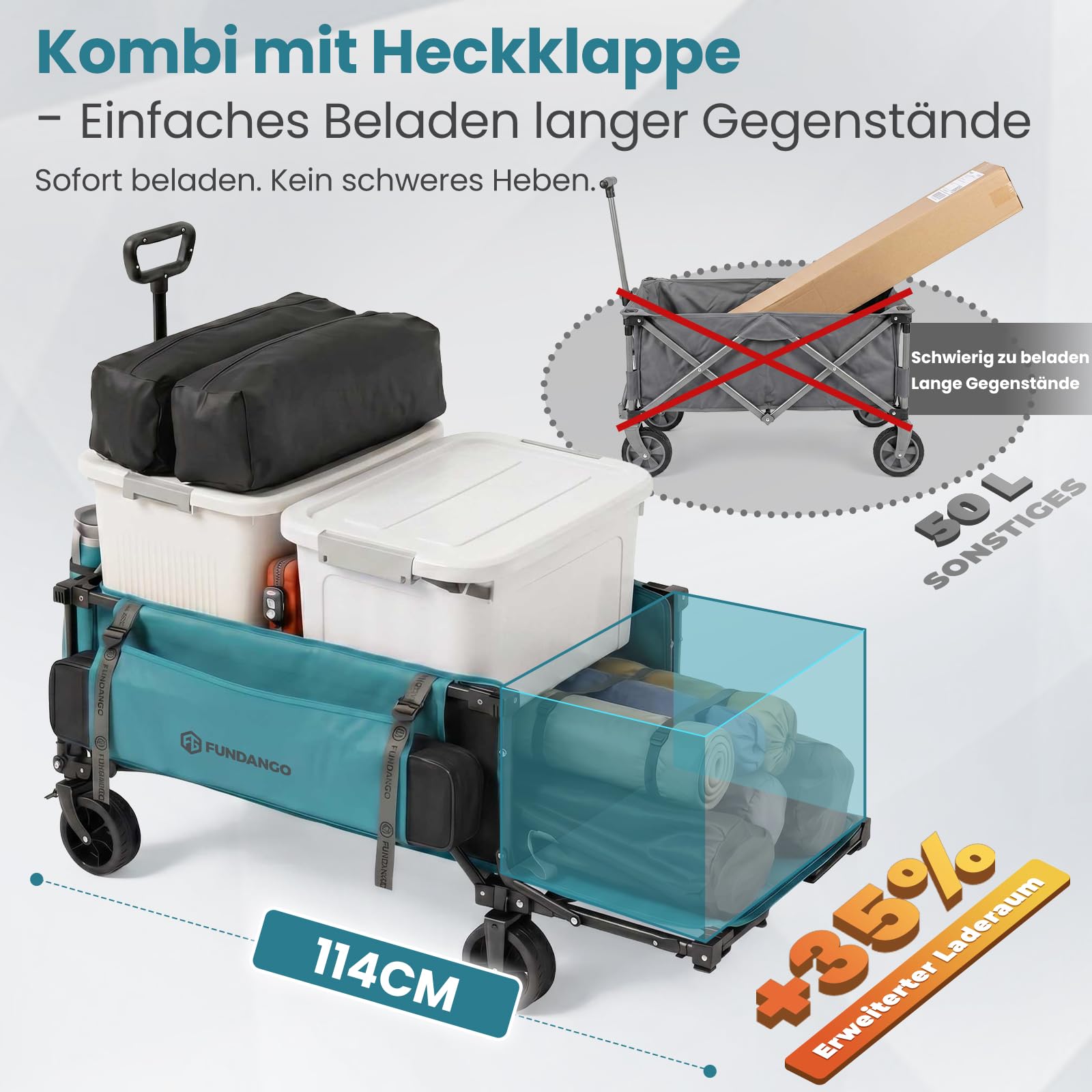 FUNDANGO XXL Bollerwagen Faltbar 180KG 200L mit Heckklappe, 114CM Extra Lang, Kompakt Zusammenklappbar (1/8 Größe), All-Terrain Räder für Camping, Strand & Einkauf