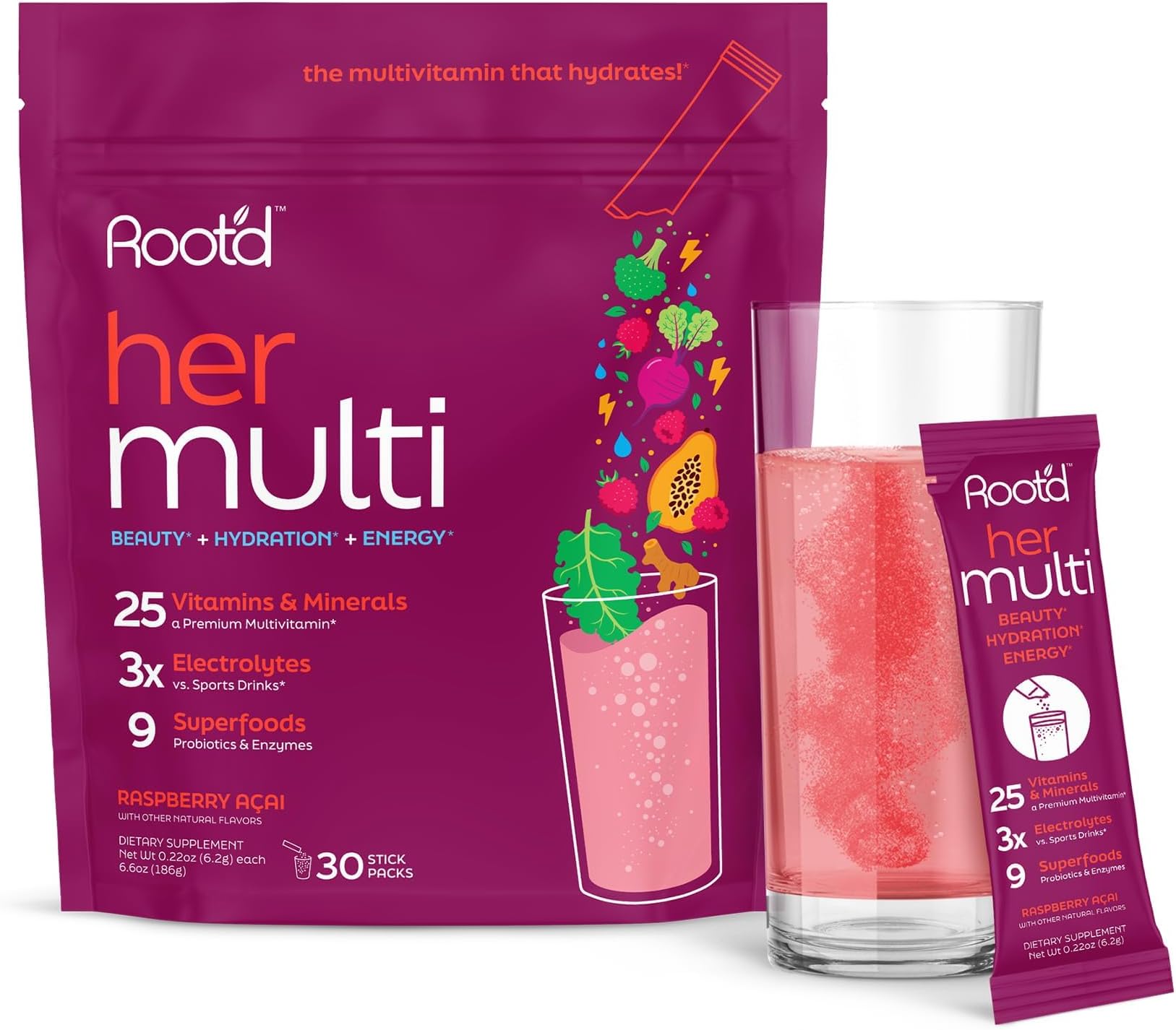 Multivitamin Powder for Women - 25 Vitamins & Minerals with 3X Electrolytes, 9 Organic Superfoods, Probiotics & Enzymes, Sugar-Free Multivitamin & Hydration | 30 Vitamin Drink Mix Packets