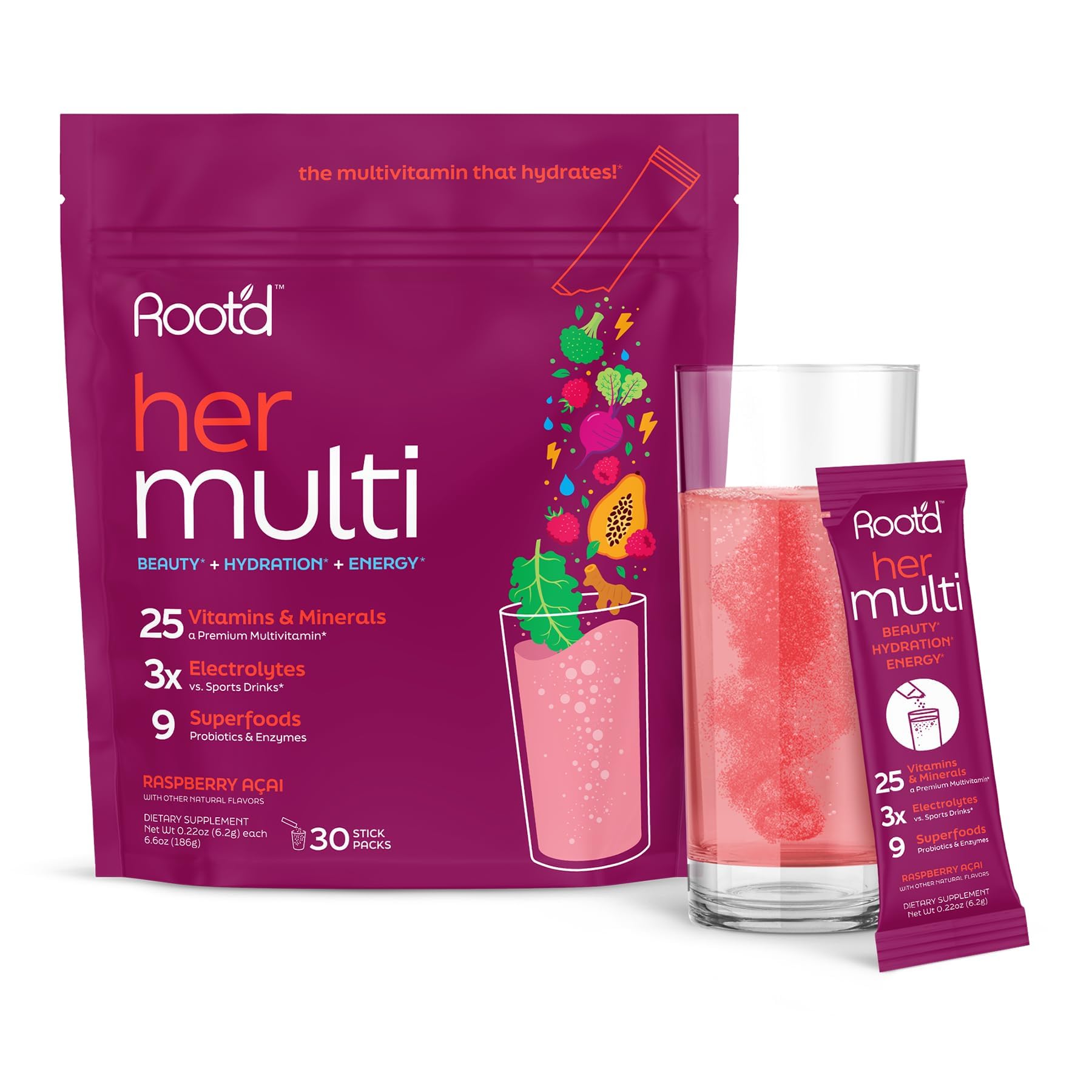 Root'dMultivitamin Powder for Women - 25 Vitamins & Minerals with 3X Electrolytes, 9 Organic Superfoods, Probiotics & Enzymes, Sugar-Free Multivitamin & Hydration | 30 Vitamin Drink Mix Packets