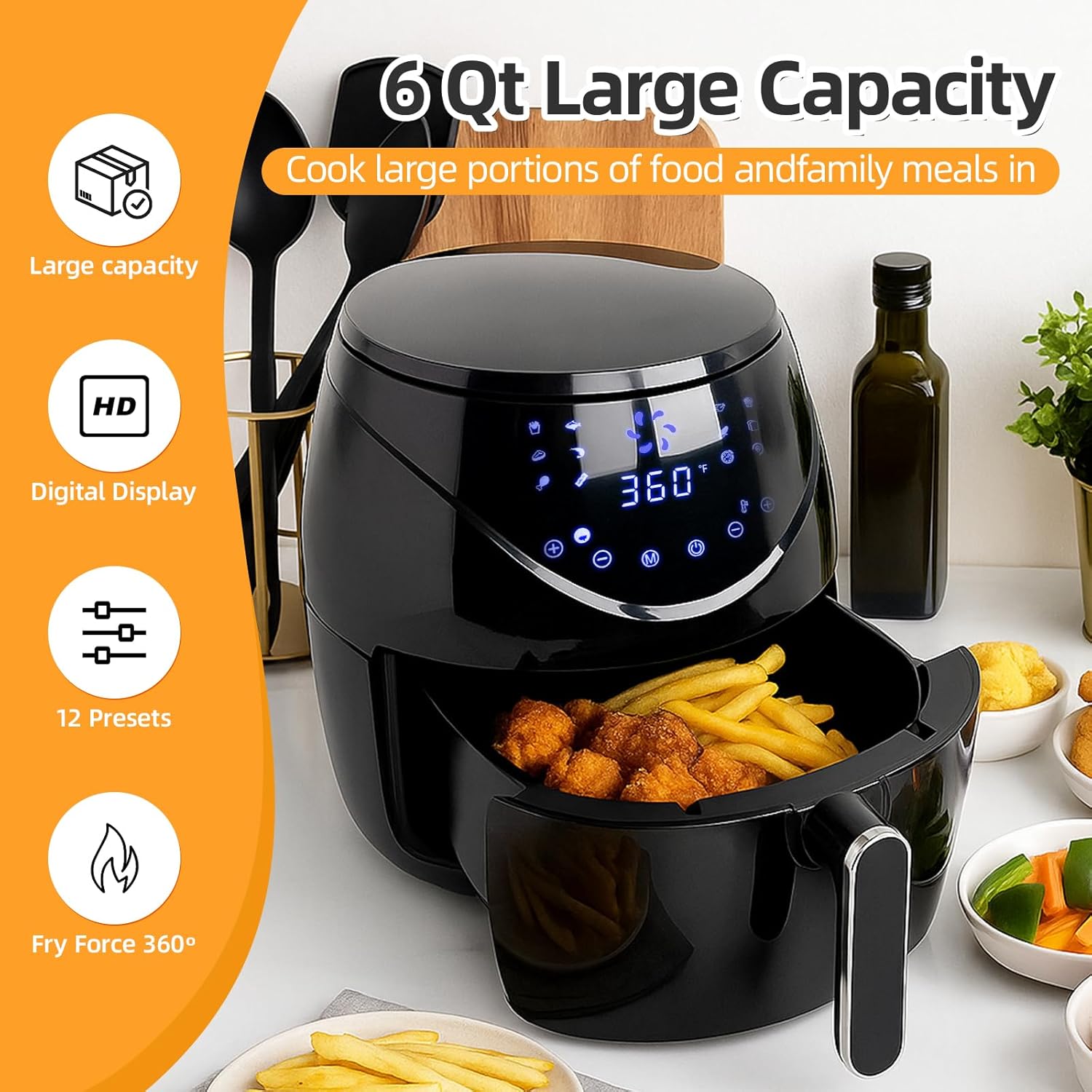 Air Fryer 6.5 QT Extra Hot Air Fryer for Crispy Cooking Bake Roast Nonstick High Gloss Black Finish Perfect for Healthy Meals Kitchen Appliance