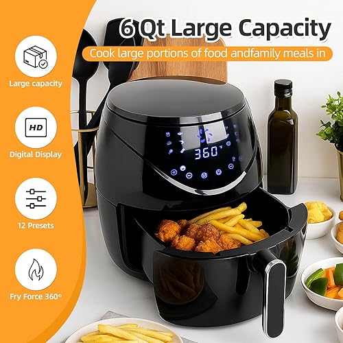 Miniatura 2 de Freidora de aire extra caliente de 6.5 cuartos de galón para cocinar crujiente, hornear asado, antiadherente, acabado negro brillante, perfecta para