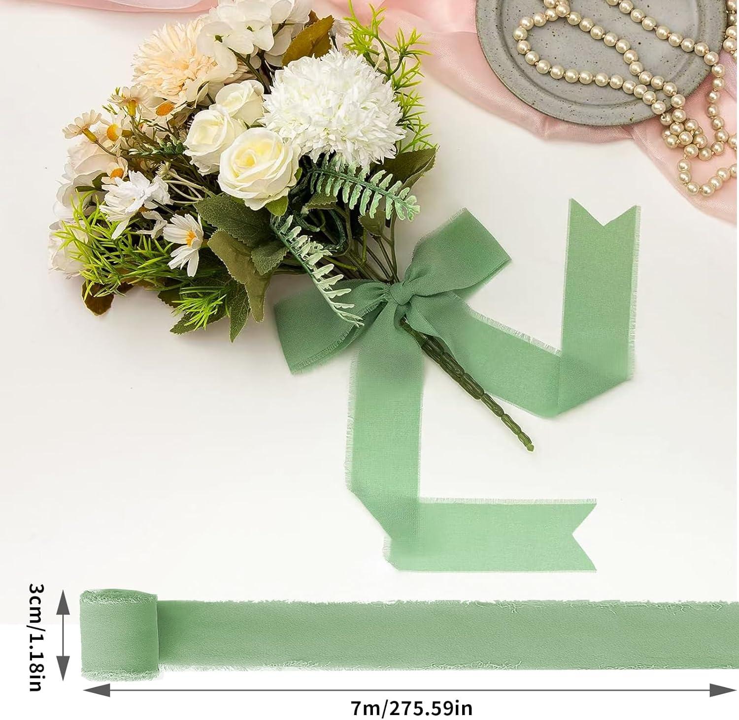 Mooshy Chiffon Ribbon Green 3 cm x 7 m, 3 Rolls of Ribbon Eucalyptus Green Ribbon Sage Green Gift Ribbon Green Fringe Ribbon Gift Ribbon Wedding for Wedding Festival Celebration Decoration