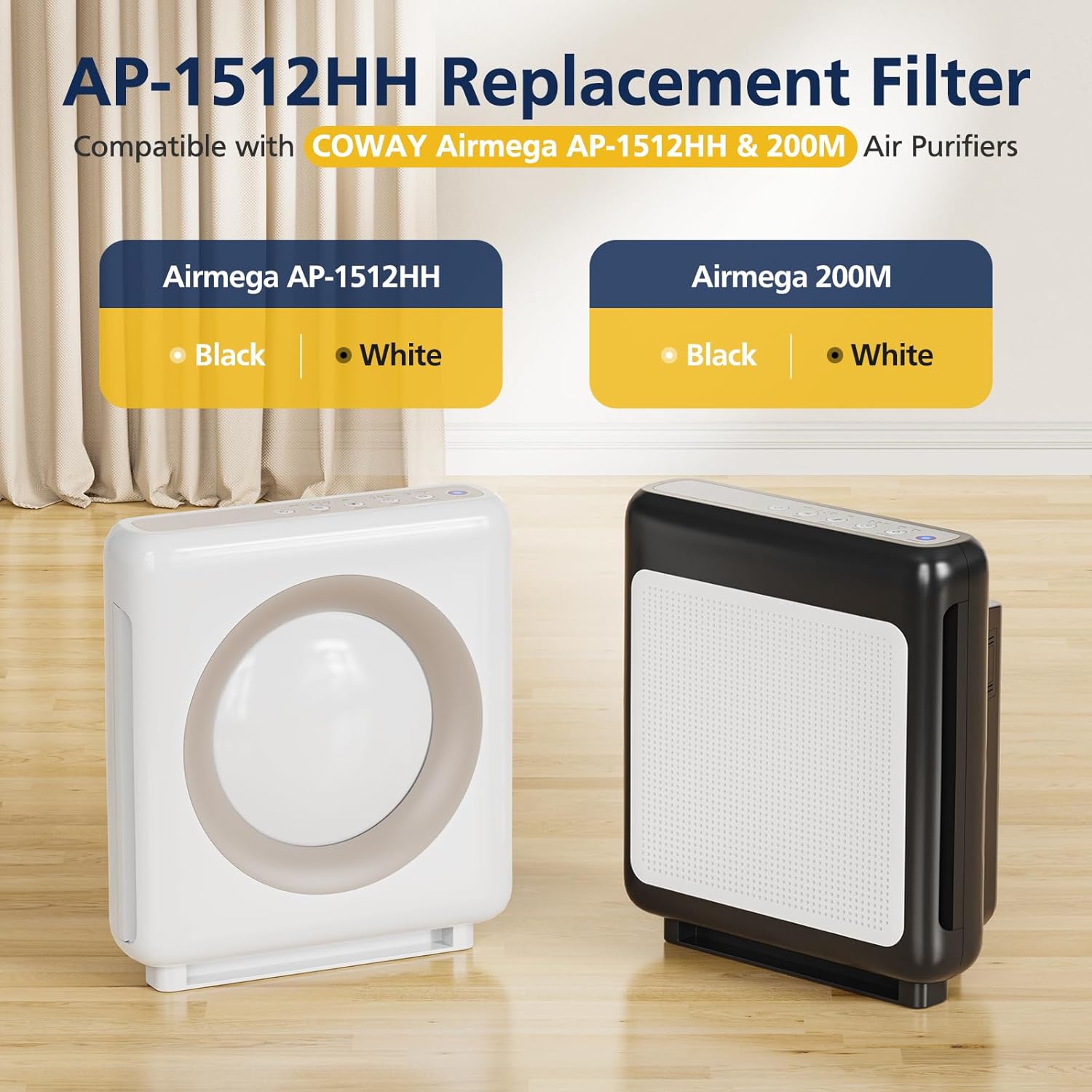 AP-1512HH & 200M Intense Smoke Filter Set for Coway Airmega AP-1512HH and Airmega 200M Air Purifi-ers, 2 Intense Smoke Deodorization Filters and 1 HEPA Filter, 3 Pack, Black - Image 2