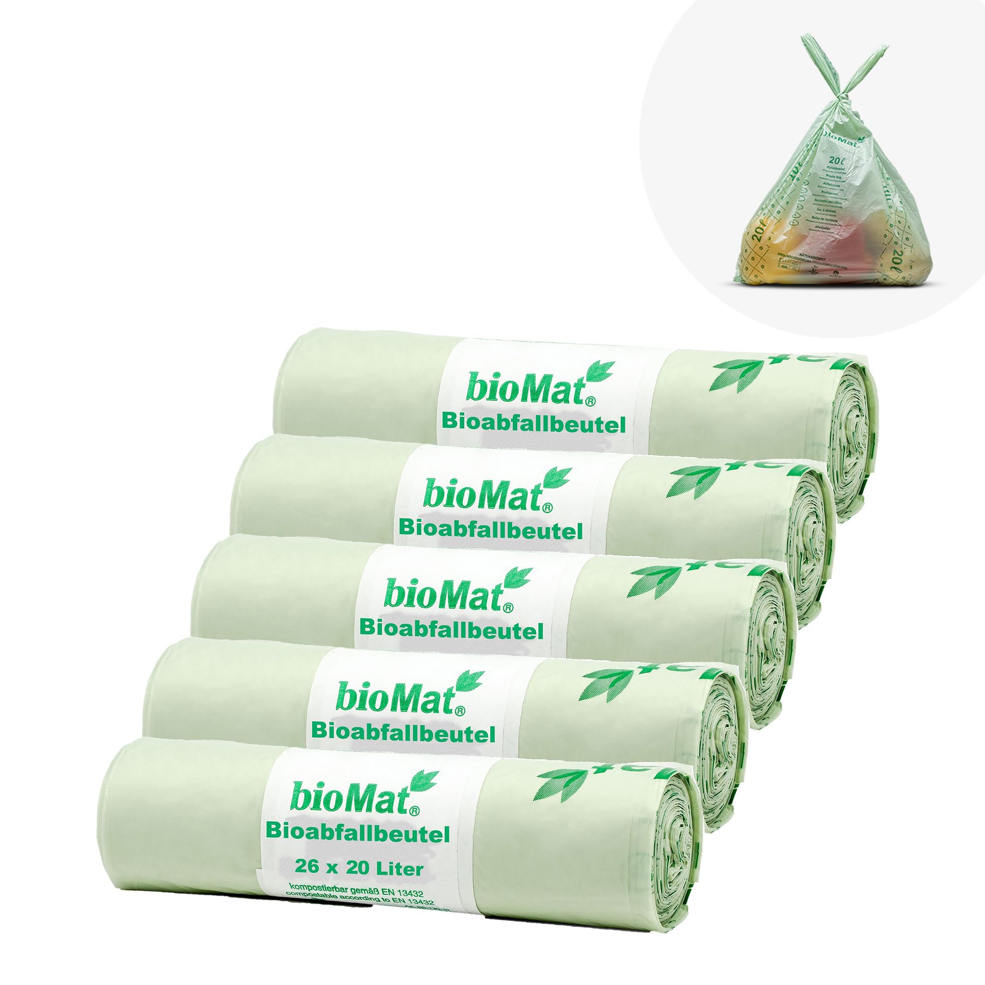 bioMat Kompostierbare 20l Biomüllbeutel mit Tragegriff, 130 Tüten, Premium-Qualität, DINplus Zertifiziert, Klimaneutral, Made in Germany
