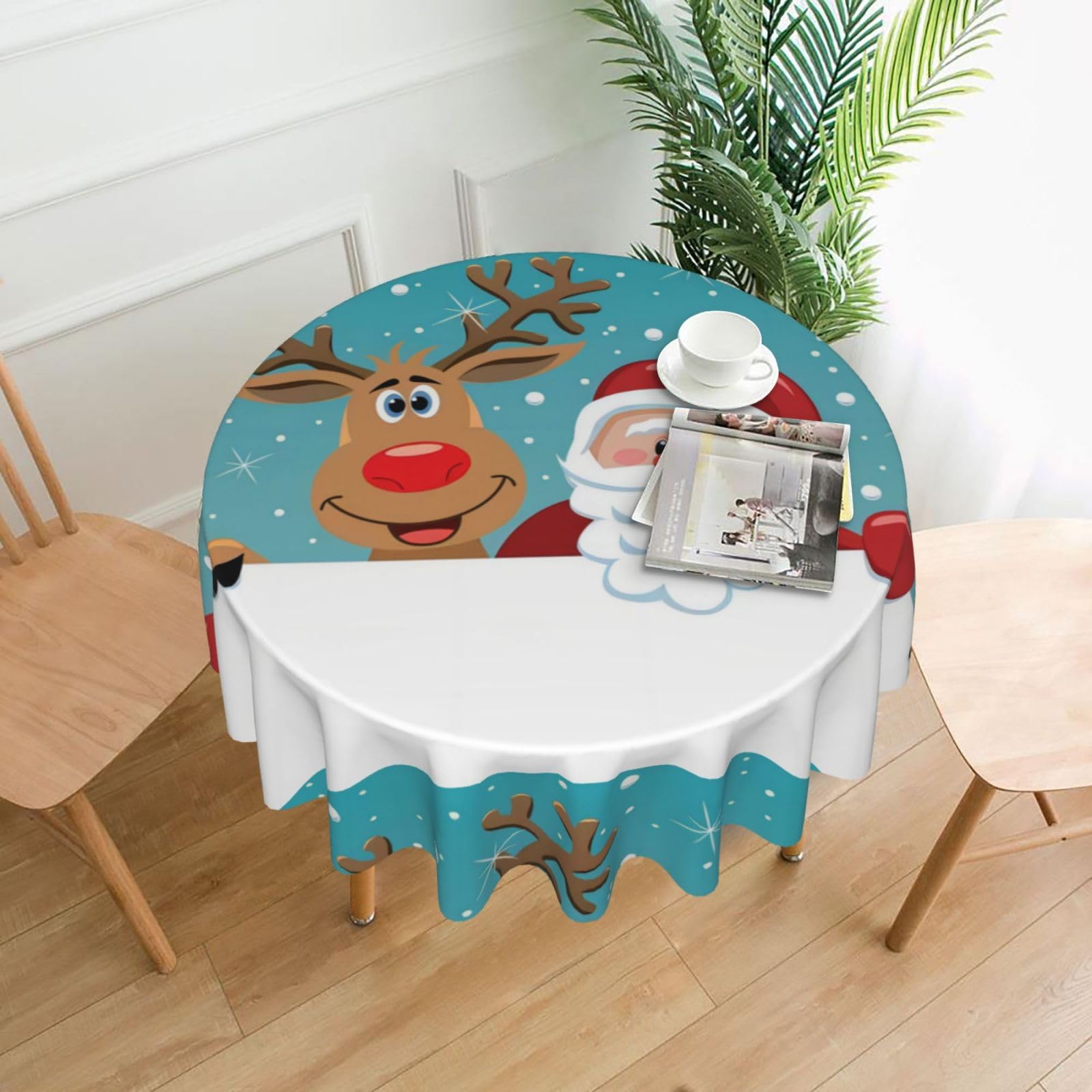 Whjssf Black Sant Claus Deer Prints Round Decorative Tablecloth 60In - High-Grade Polyester Table Throw For Dining & Outdoor Parties