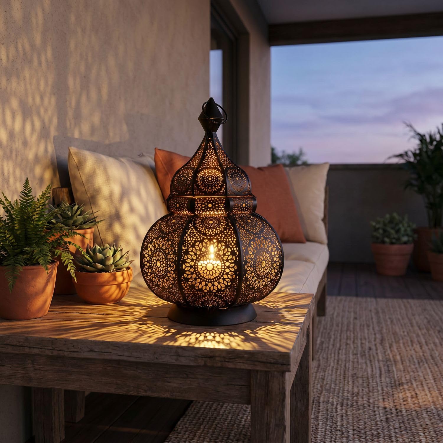 Farol portavelas Oriental de Metal - Candelabro para el jardín - Decorativo para la Mesa - Ziva Negro - transmite Buen Ambiente - Pasa un Buen rato en el jardín